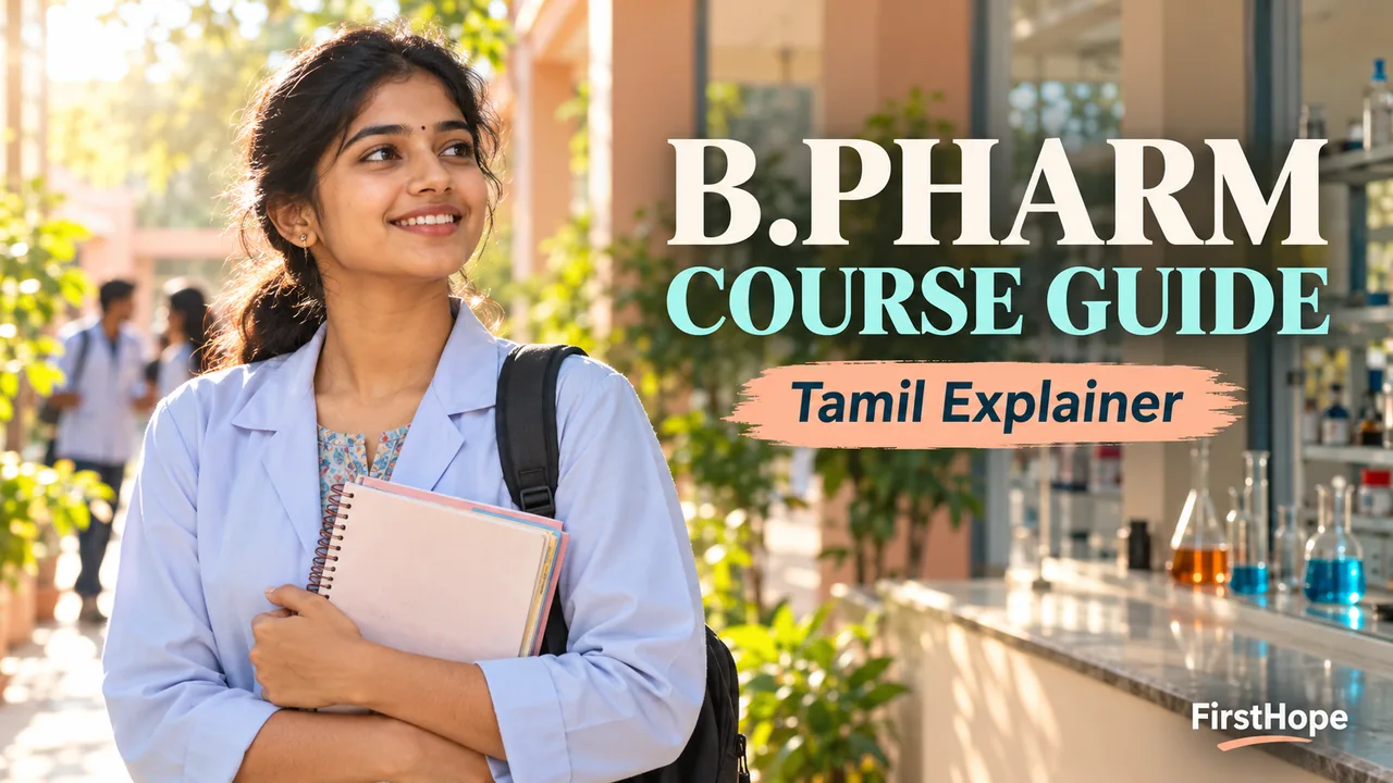 B.Pharm Course Guide and Tamil Explainer text beside a pharmacy student on a leafy campus.