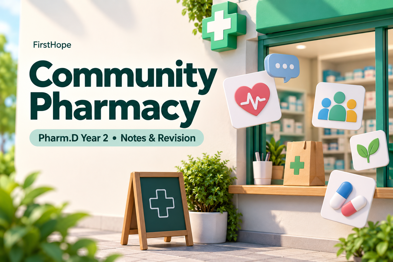 vivid 3D abstract cover titled Community Pharmacy, with Pharm.D Year 2 Notes & Revision and FirstHope branding.