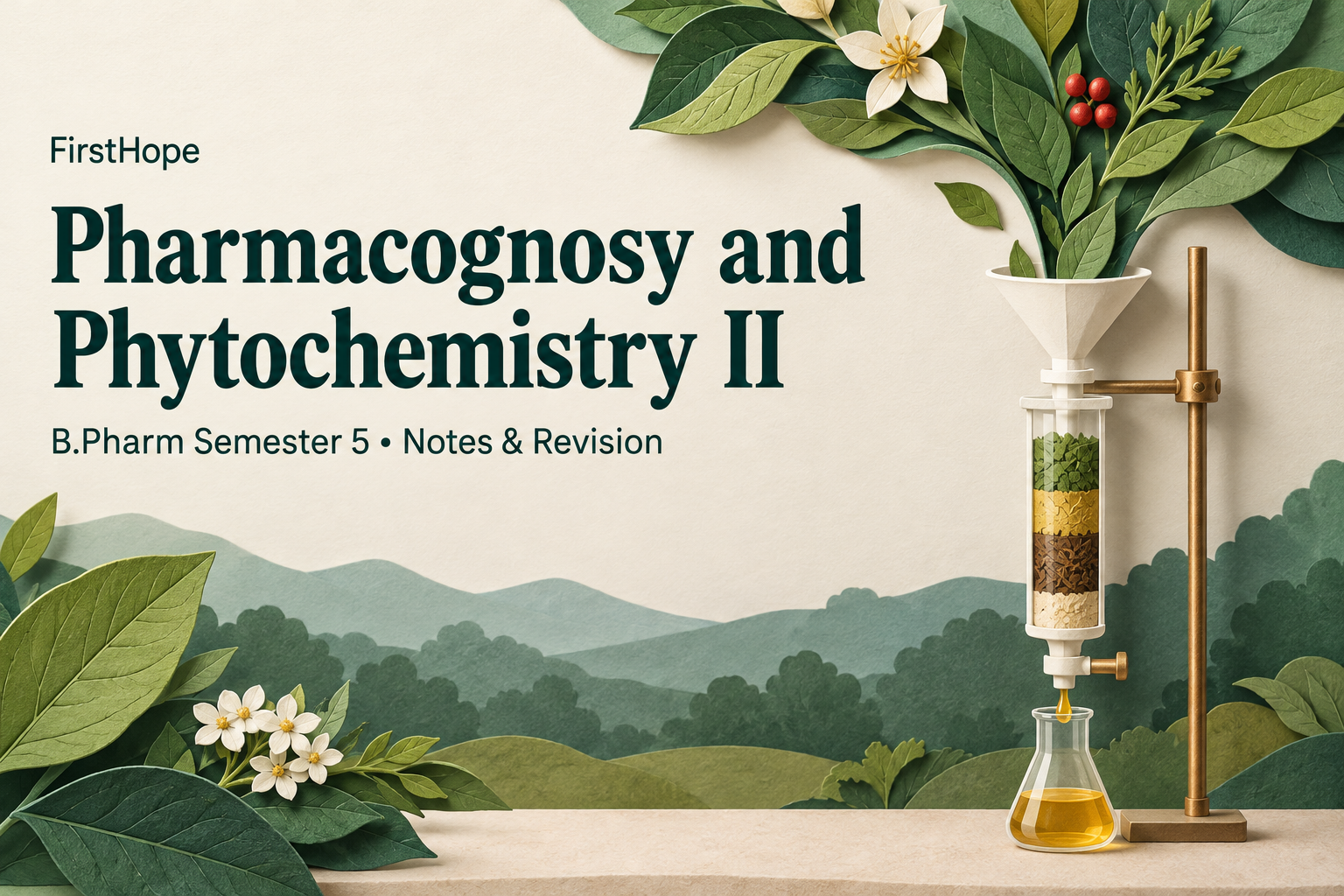 layered paper art cover titled Pharmacognosy and Phytochemistry II, with B.Pharm Semester 5 Notes & Revision and FirstHope branding.