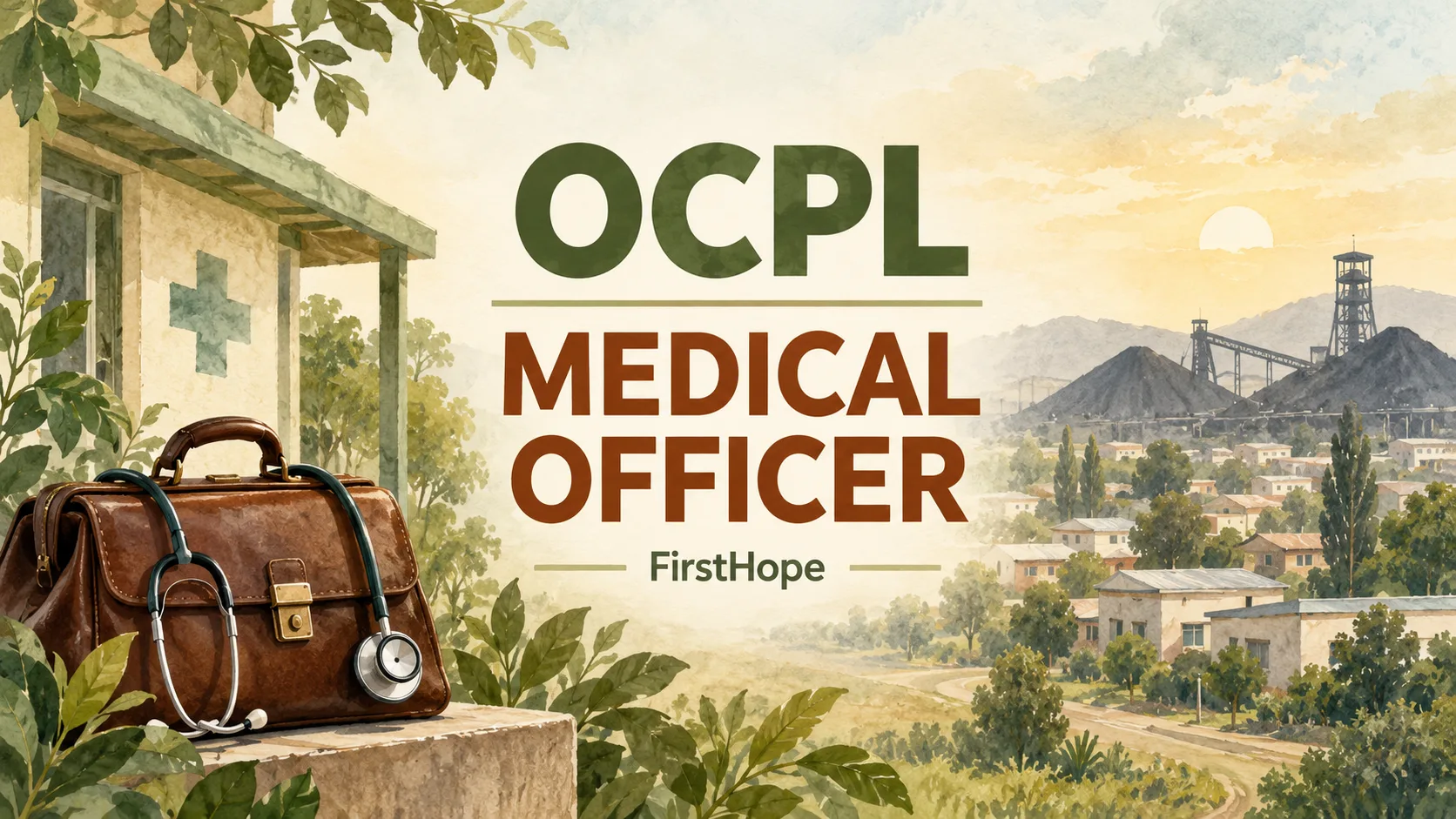 Odisha Coal and Power Limited Medical Officer recruitment cover with clear text and a distinct editorial illustration, FirstHope.