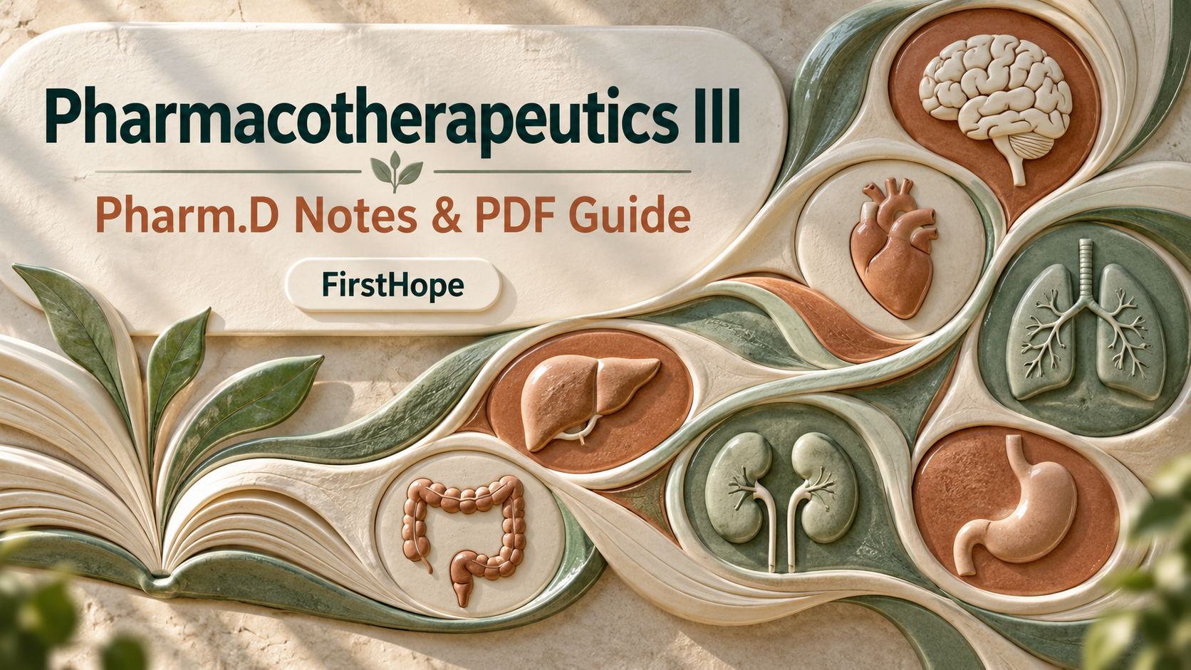 Ceramic relief learning sculpture cover titled Pharmacotherapeutics III, with Pharm.D Notes & PDF Guide and FirstHope branding.