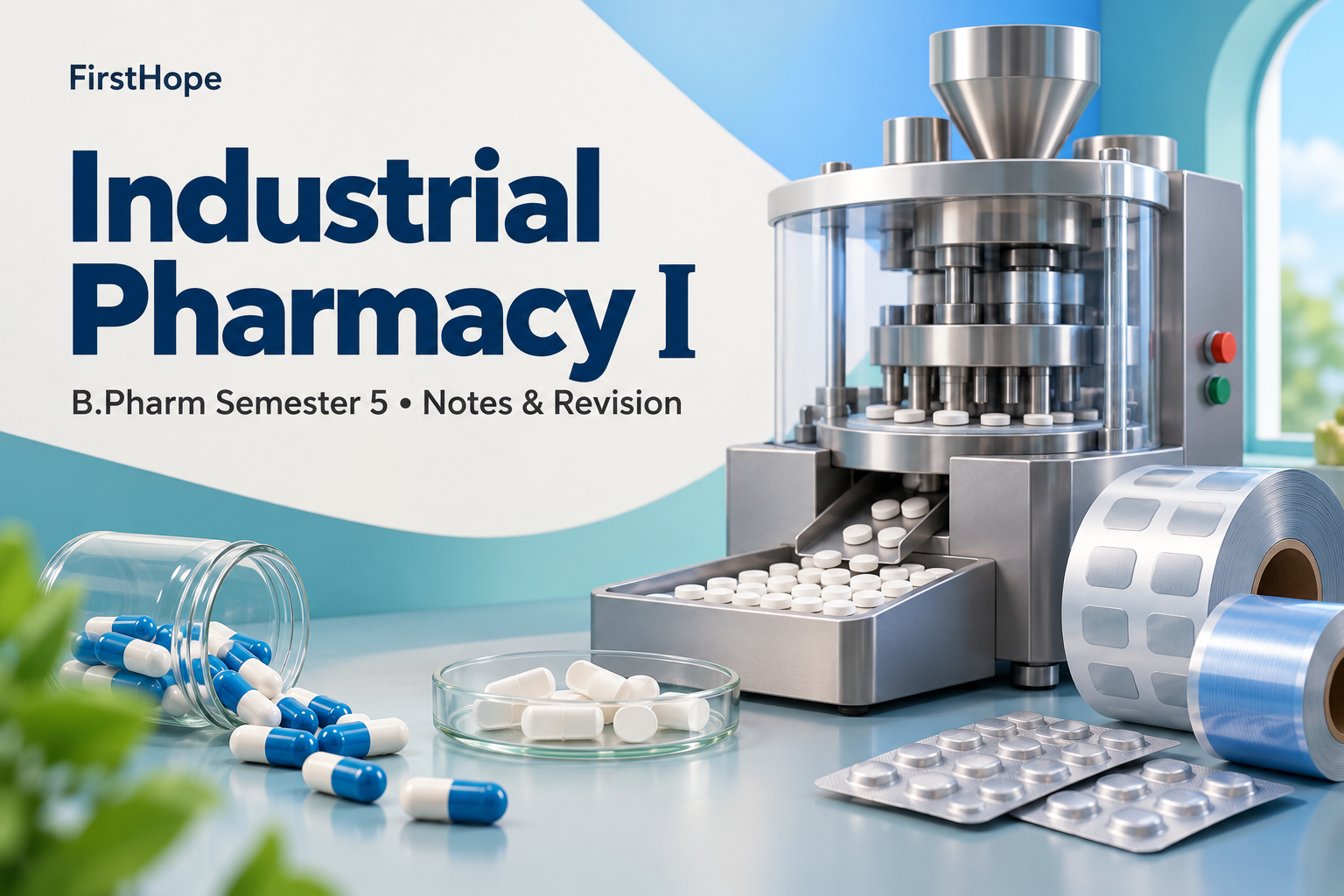 vivid 3D abstract cover titled Industrial Pharmacy I, with B.Pharm Semester 5 Notes & Revision and FirstHope branding.
