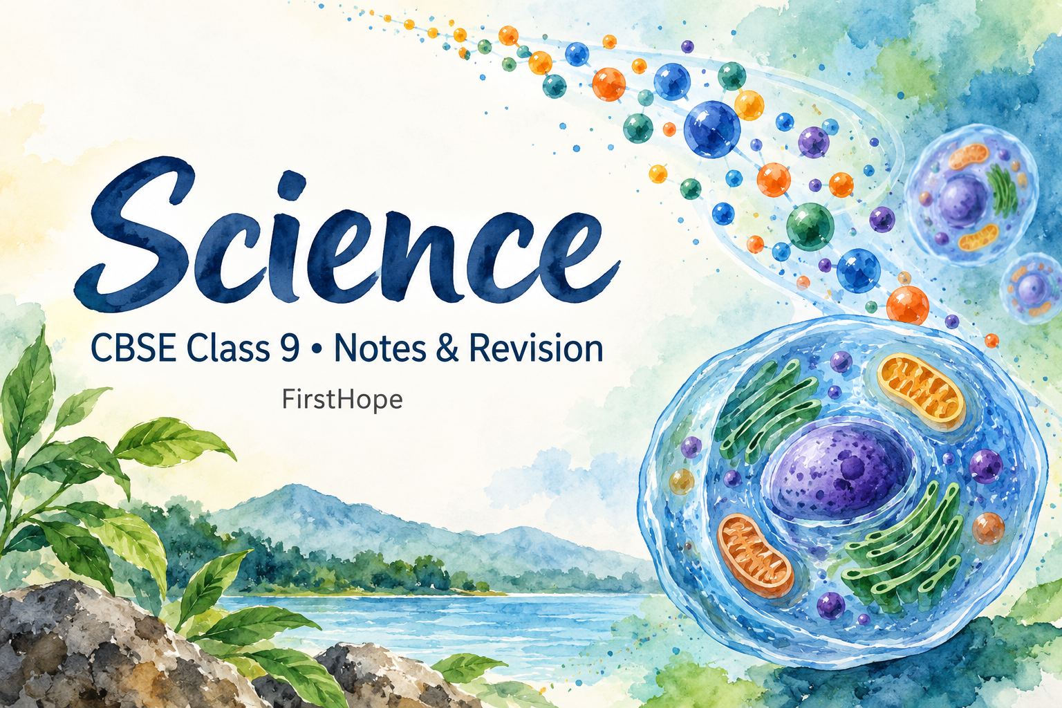 ink and watercolour cover titled Science, with CBSE Class 9 Notes & Revision and FirstHope branding.