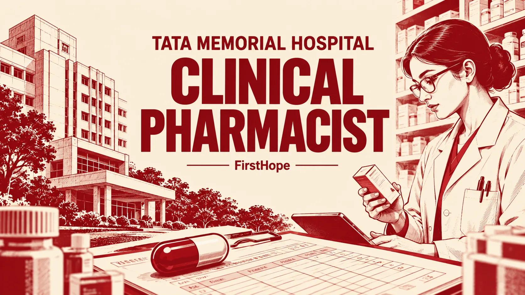 Tata Memorial Hospital, Mumbai Clinical Pharmacist recruitment cover with clear text and a distinct editorial illustration, FirstHope.