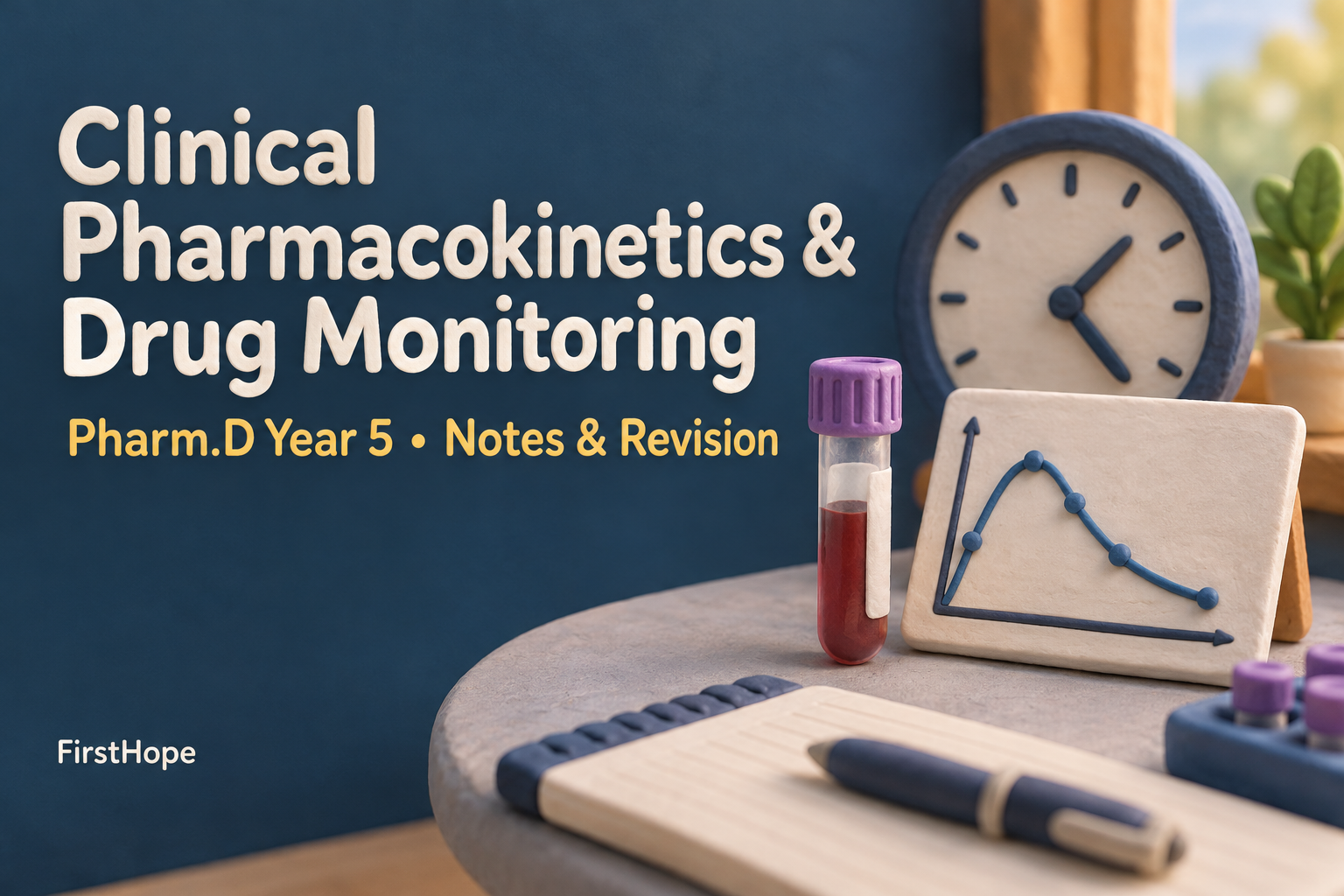 clay sculpture cover titled Clinical Pharmacokinetics & Drug Monitoring, with Pharm.D Year 5 Notes & Revision and FirstHope branding.