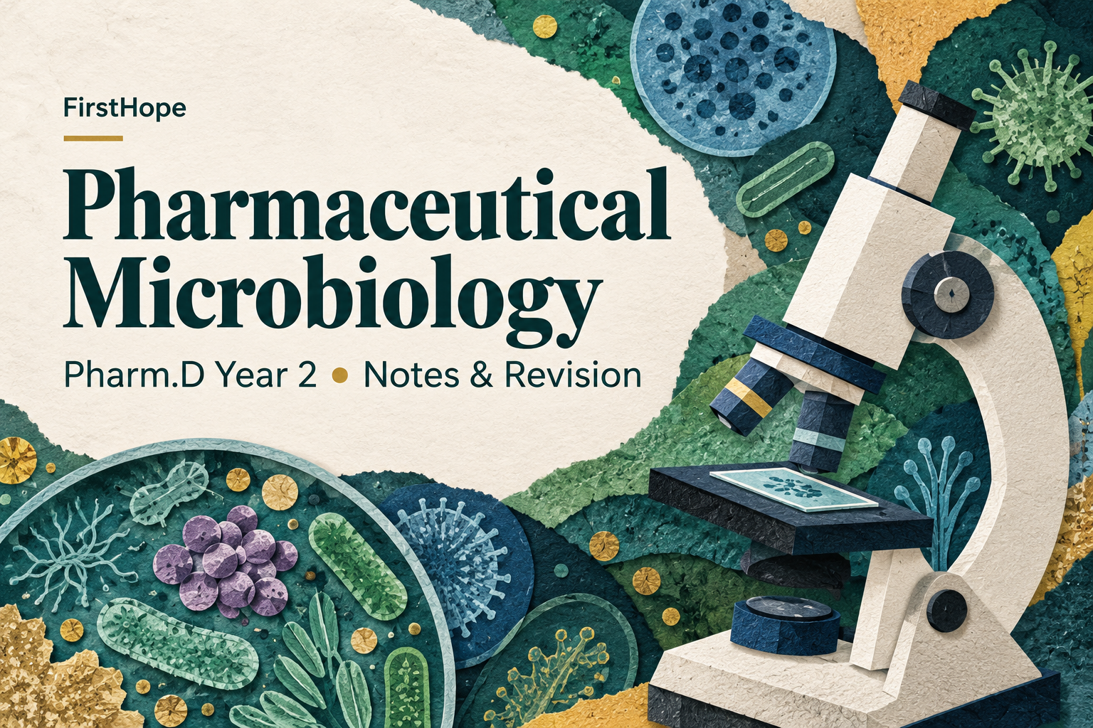 editorial collage cover titled Pharmaceutical Microbiology, with Pharm.D Year 2 Notes & Revision and FirstHope branding.