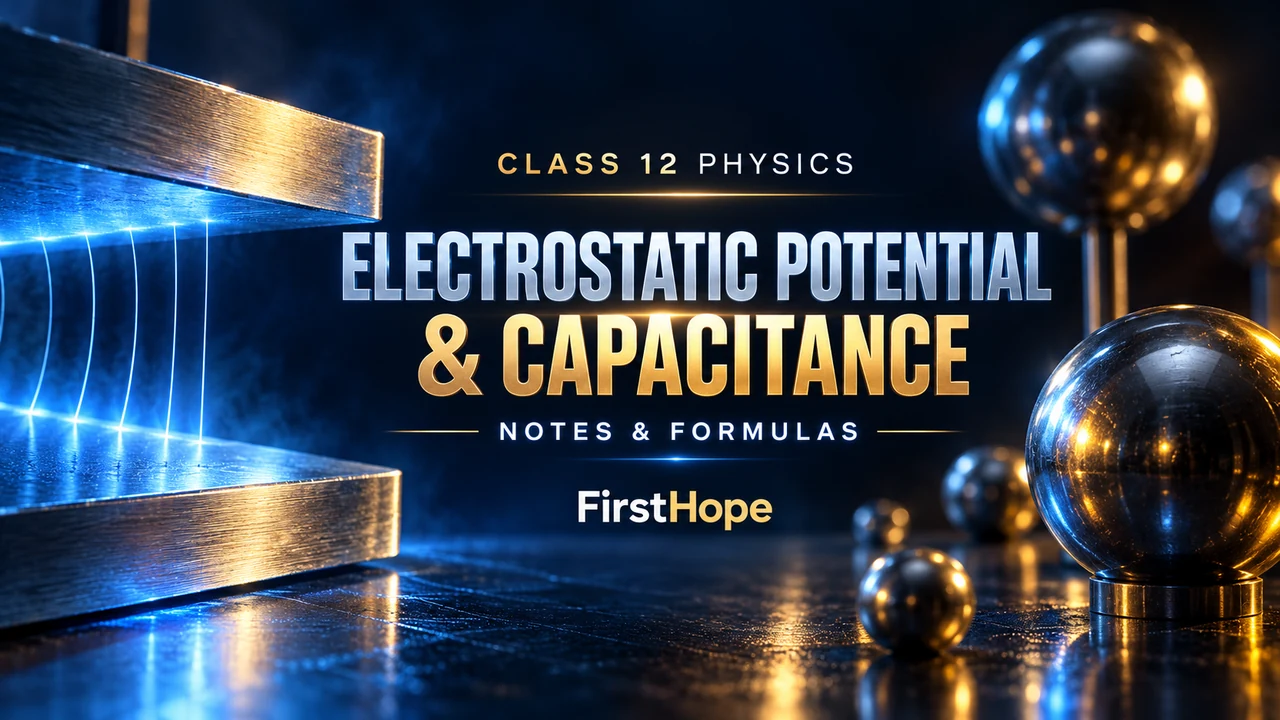 Class 12 Physics Electrostatic Potential and Capacitance notes and formulas, with glowing metal plates and conductive spheres.