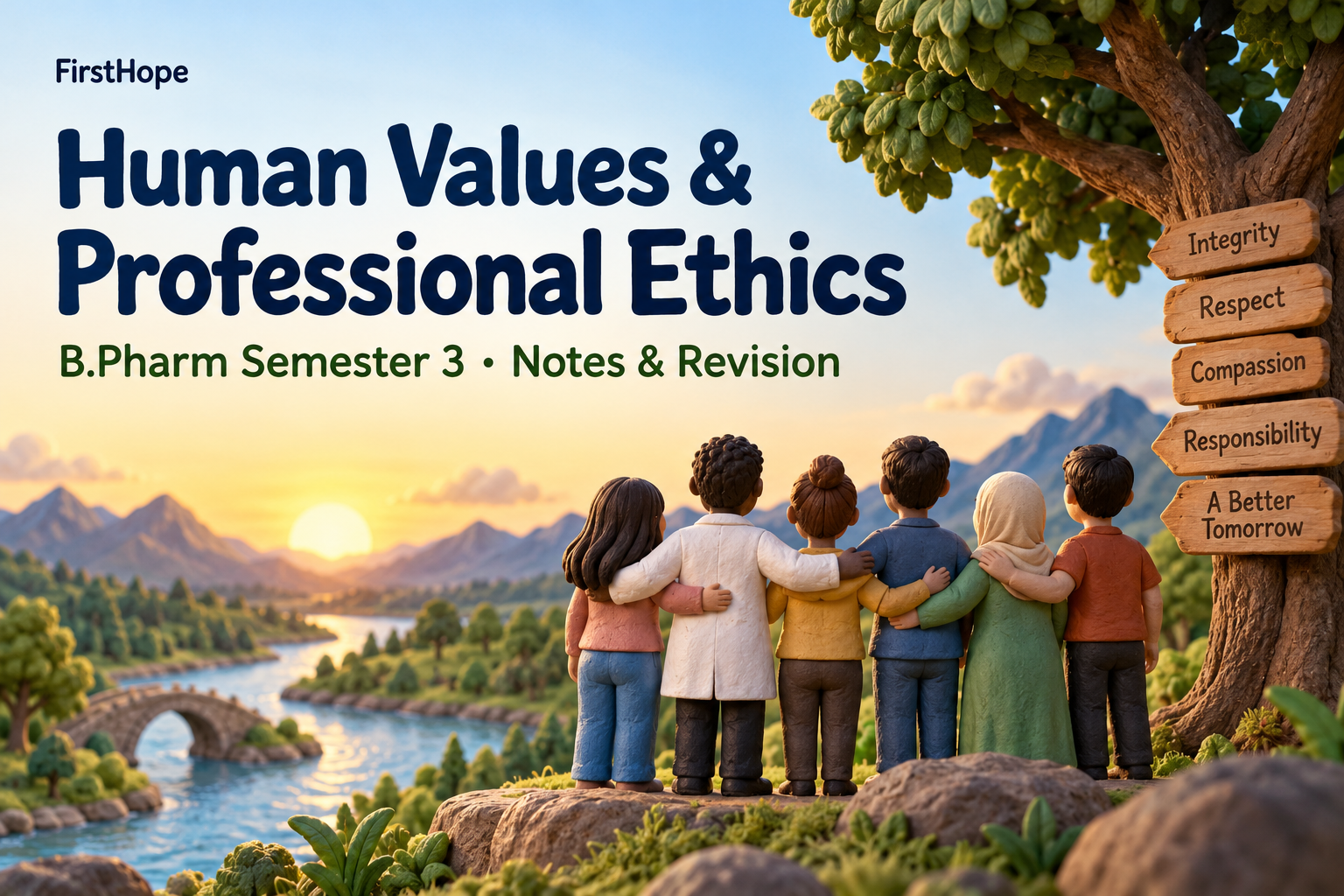 clay sculpture cover titled Human Values & Professional Ethics, with B.Pharm Semester 3 Notes & Revision and FirstHope branding.