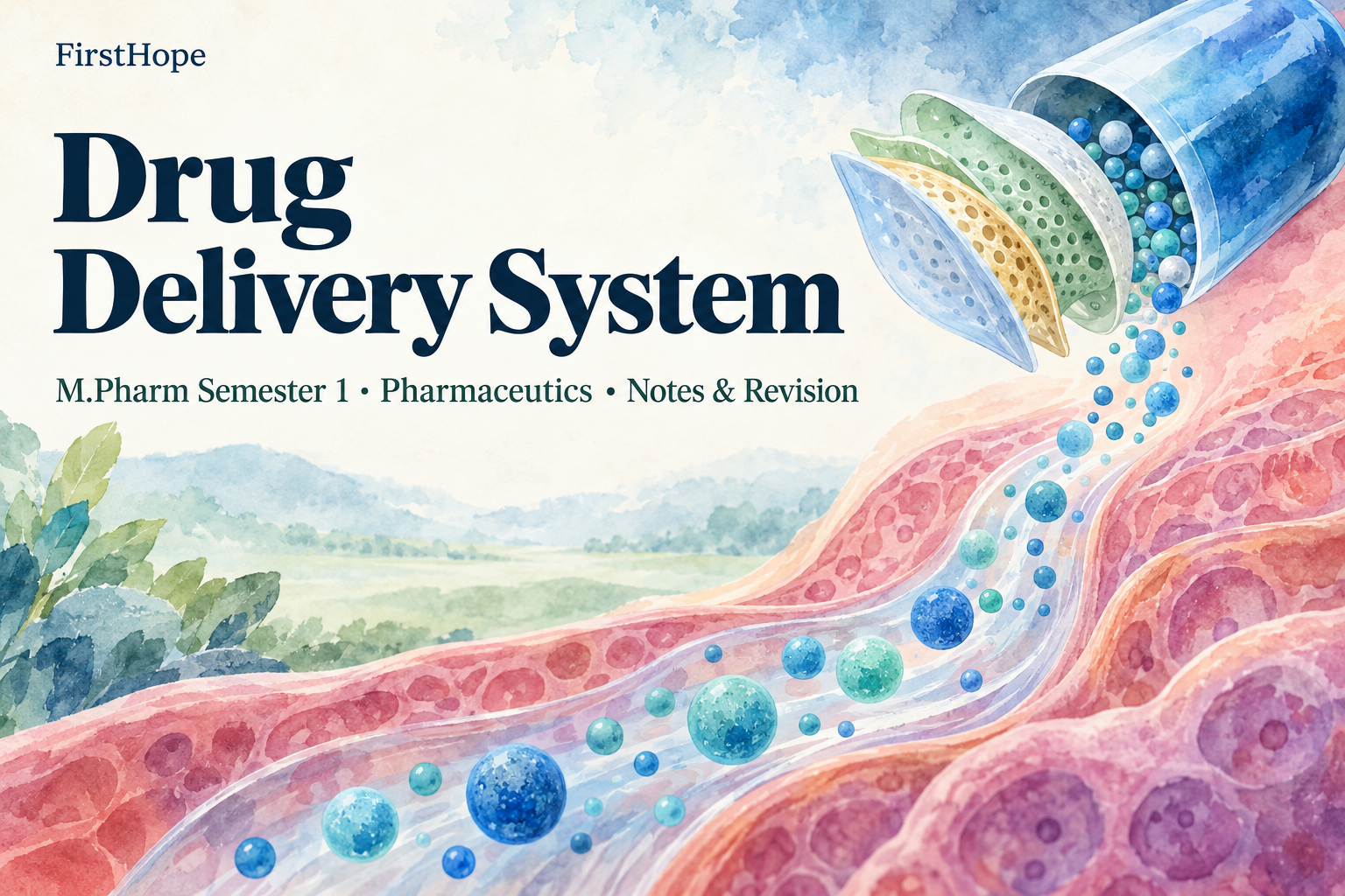 ink and watercolour cover titled Drug Delivery System, with M.Pharm Semester 1 · Pharmaceutics Notes & Revision and FirstHope branding.