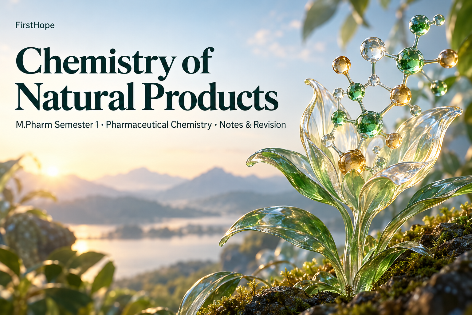 glass and light cover titled Chemistry of Natural Products, with M.Pharm Semester 1 · Pharmaceutical Chemistry Notes & Revision and FirstHope branding.
