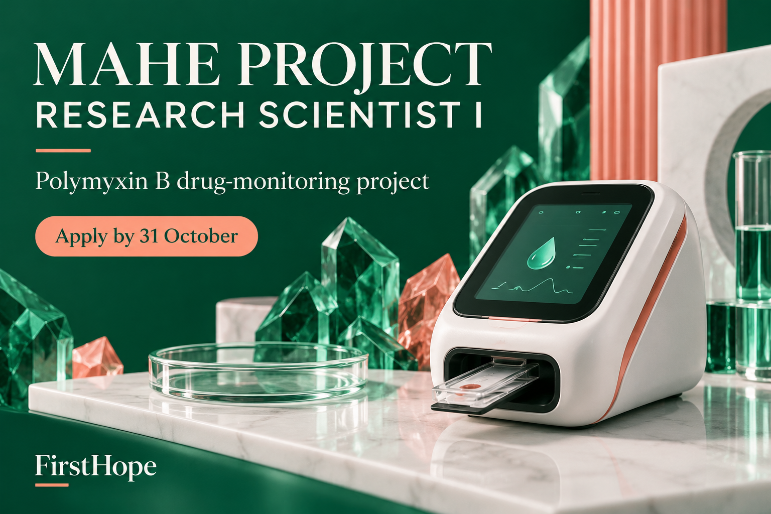 MAHE / MCOPS, Manipal mahe project research scientist i cover, with Polymyxin B drug-monitoring project and application date text.