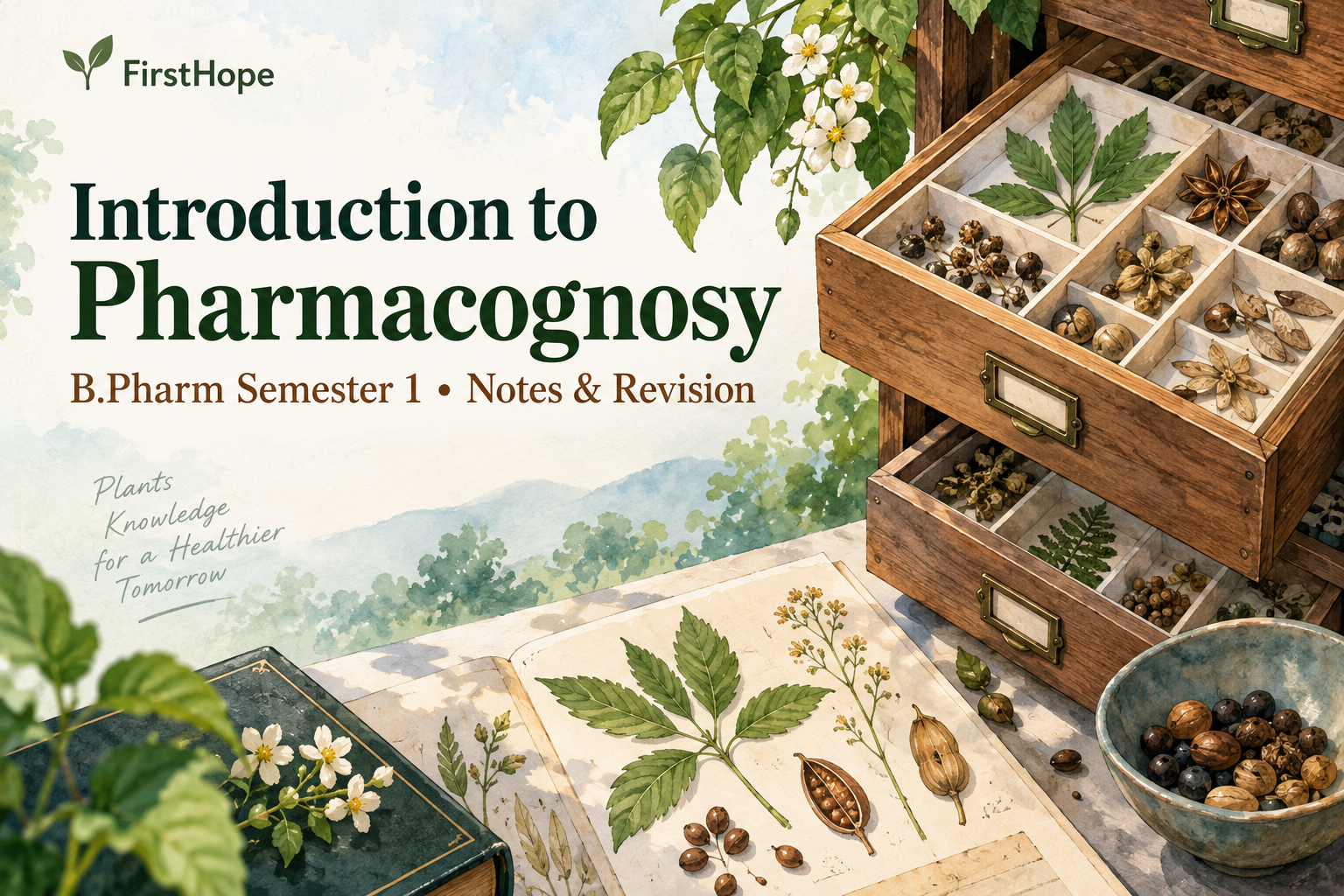 ink and watercolour cover titled Introduction to Pharmacognosy, with B.Pharm Semester 1 Notes & Revision and FirstHope branding.