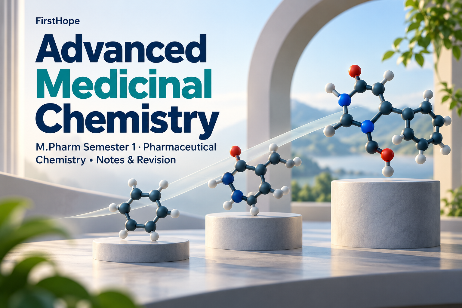 vivid 3D abstract cover titled Advanced Medicinal Chemistry, with M.Pharm Semester 1 · Pharmaceutical Chemistry Notes & Revision and FirstHope branding.