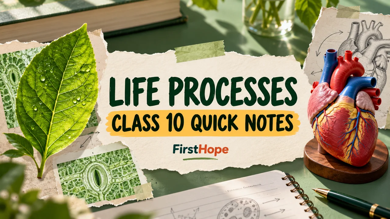 FirstHope Life Processes Class 10 Notes PDF: Four Processes in Brief cover with a distinct creative study scene and large readable text.