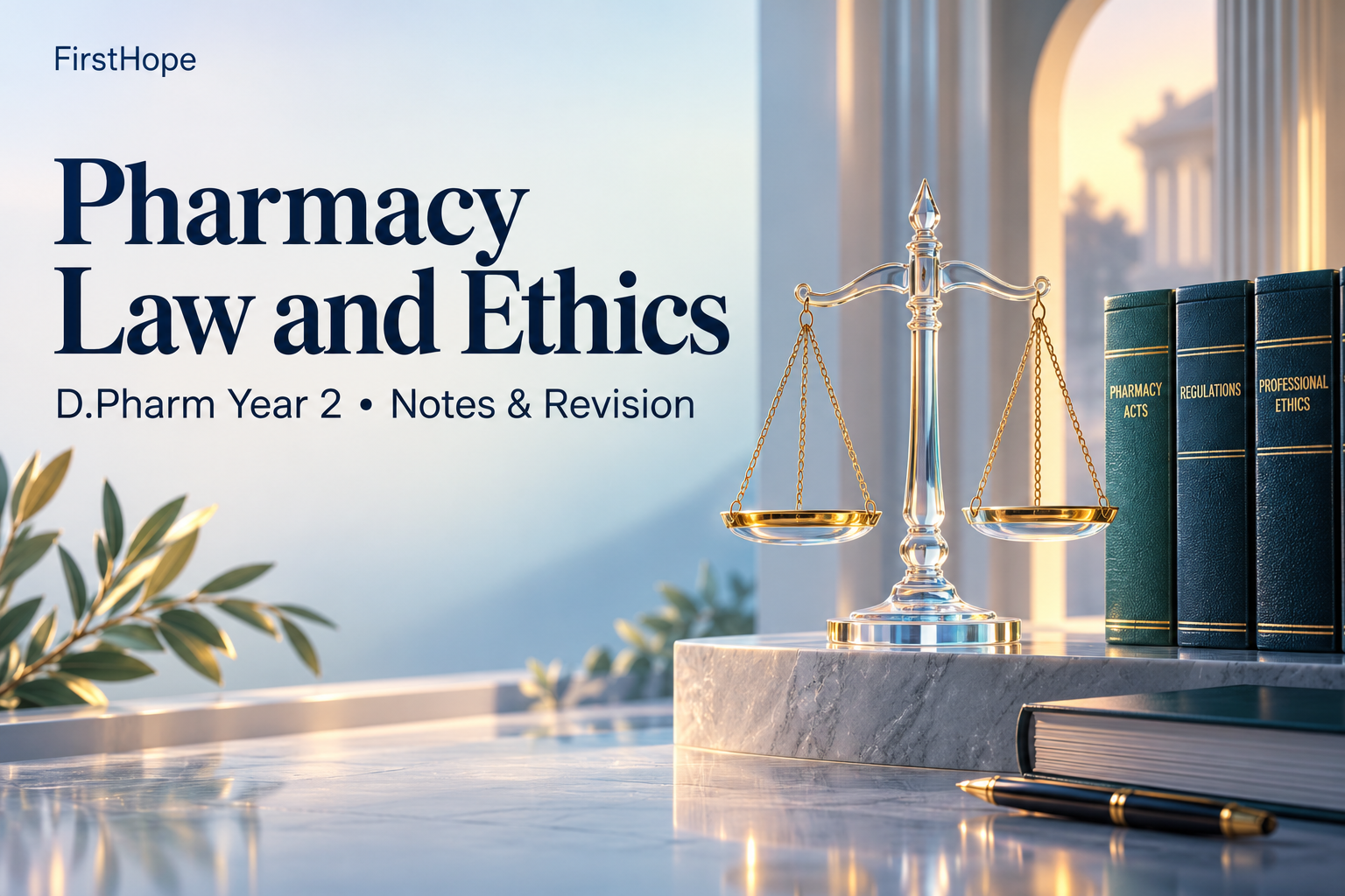 glass and light cover titled Pharmacy Law and Ethics, with D.Pharm Year 2 Notes & Revision and FirstHope branding.
