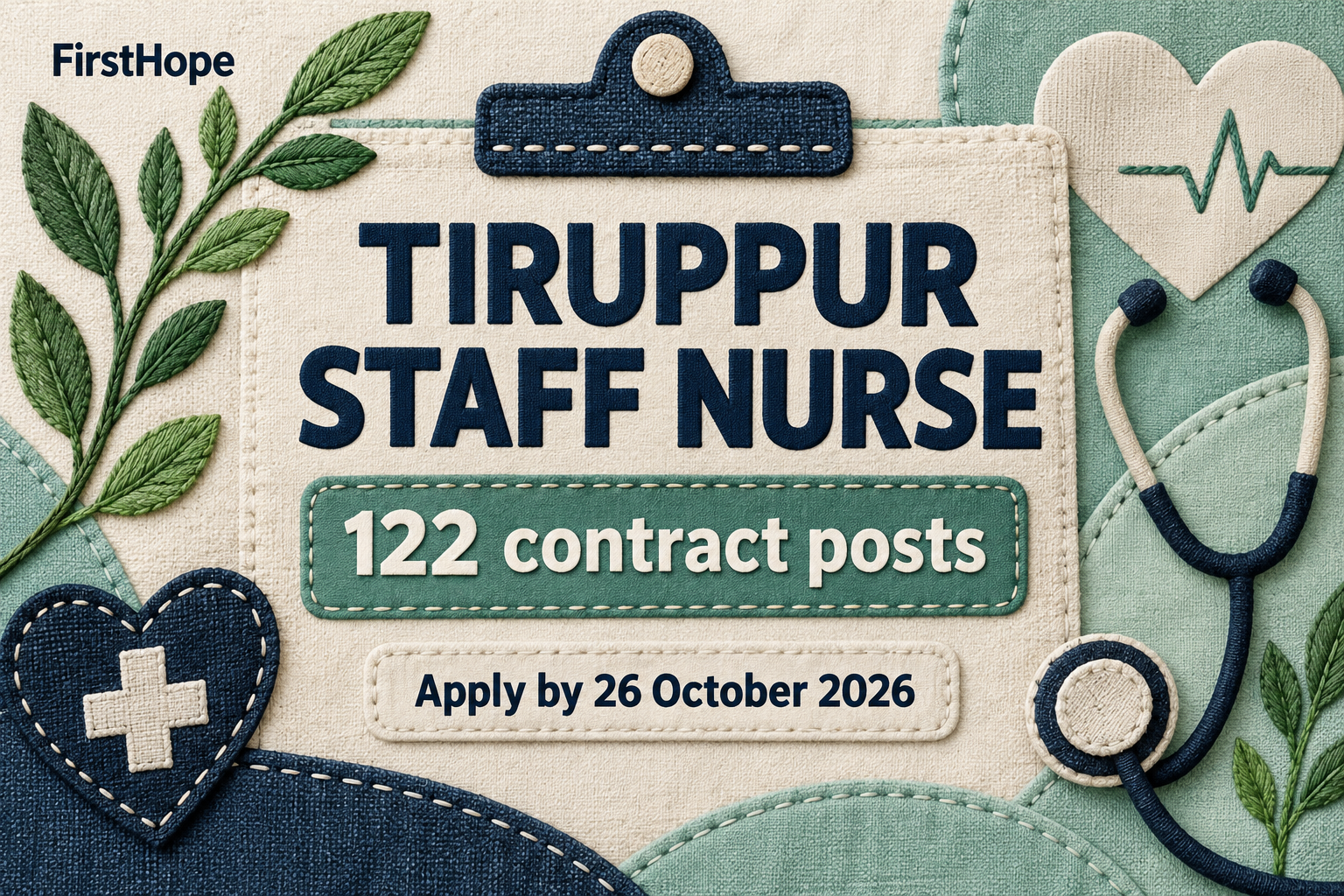 FirstHope healthcare career cover for Tiruppur Staff Nurse Recruitment 2026: 122 Contract Posts, showing the employer, job role and application or walk-in date in readable text.