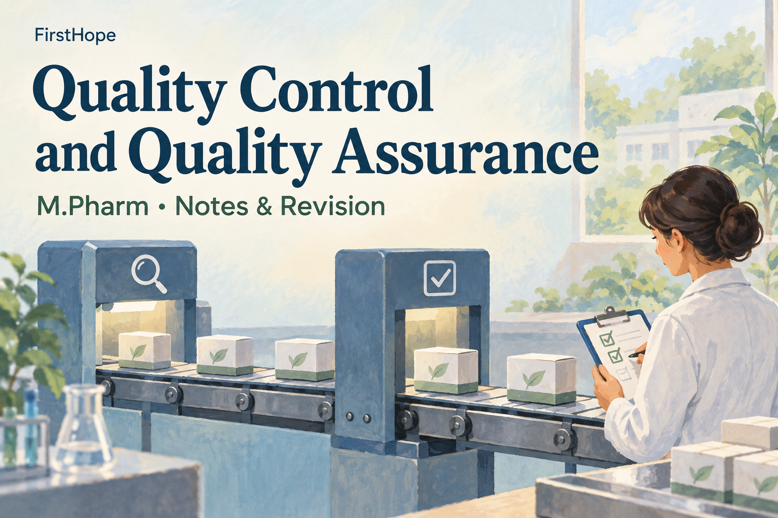 pastel gouache cover titled Quality Control and Quality Assurance, with M.Pharm Notes & Revision and FirstHope branding.