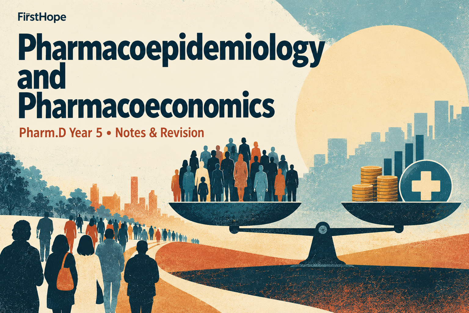 retro science print cover titled Pharmacoepidemiology and Pharmacoeconomics, with Pharm.D Year 5 Notes & Revision and FirstHope branding.