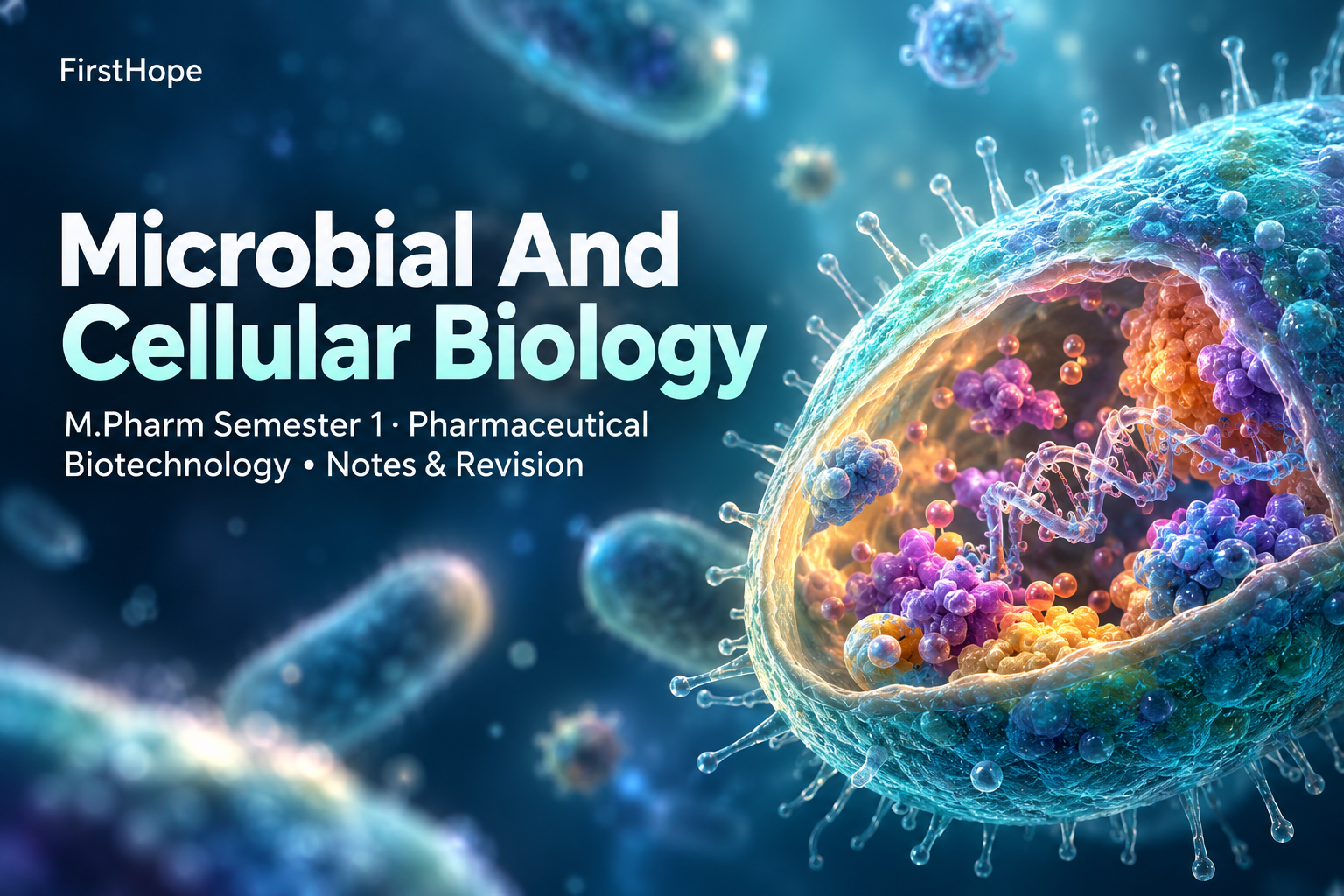 glass and light cover titled Microbial And Cellular Biology, with M.Pharm Semester 1 · Pharmaceutical Biotechnology Notes & Revision and FirstHope branding.