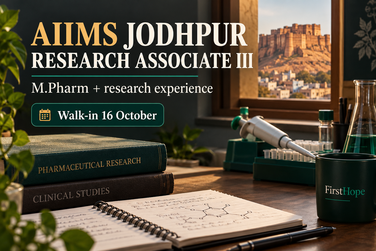 AIIMS Jodhpur, Department of Pharmacology aiims jodhpur research associate iii cover, with M.Pharm + research experience and interview date text.