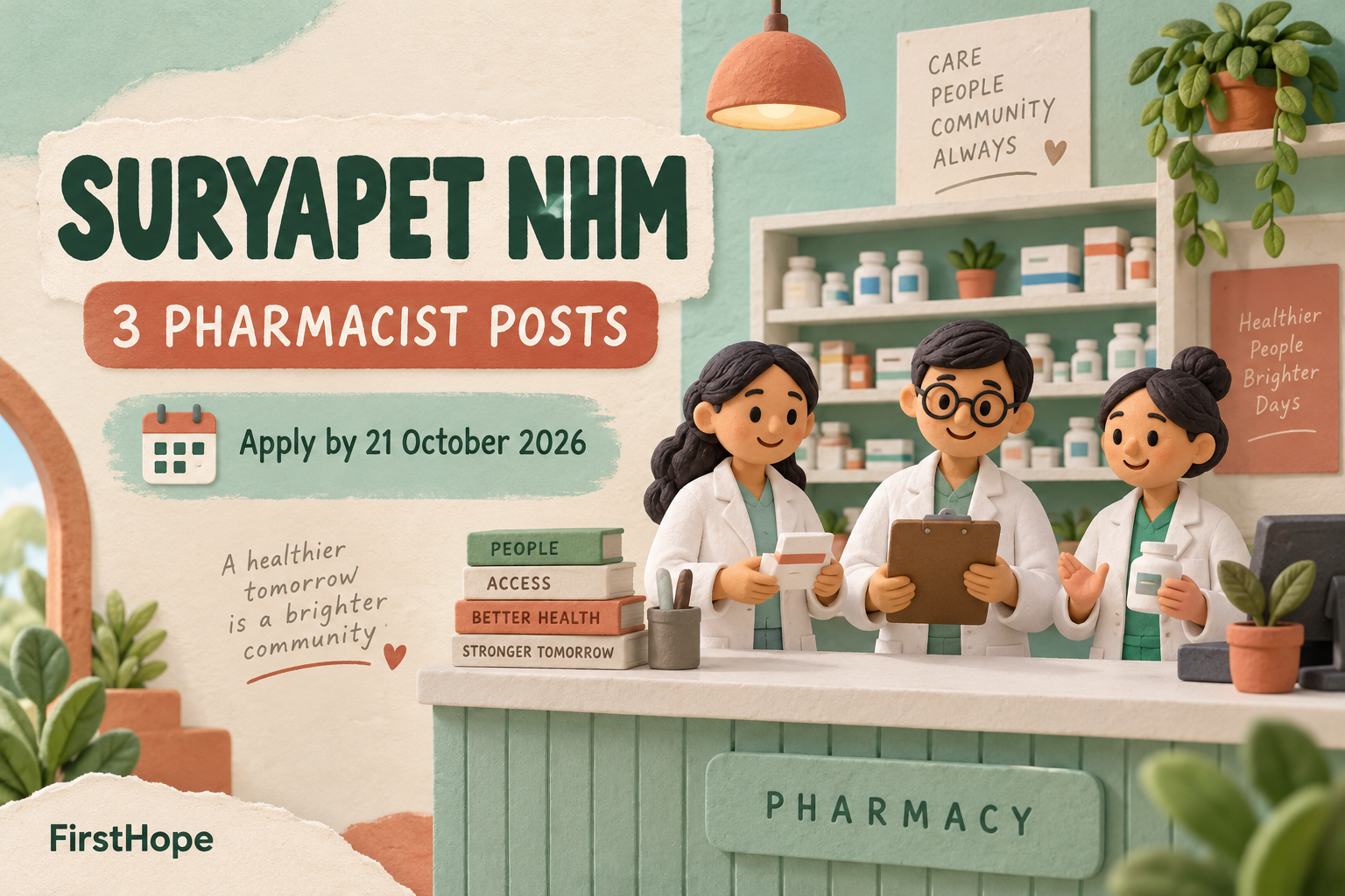 Paper-cut and clay pharmacy scene with Suryapet NHM, 3 Pharmacist Posts and Apply by 21 October 2026 text.