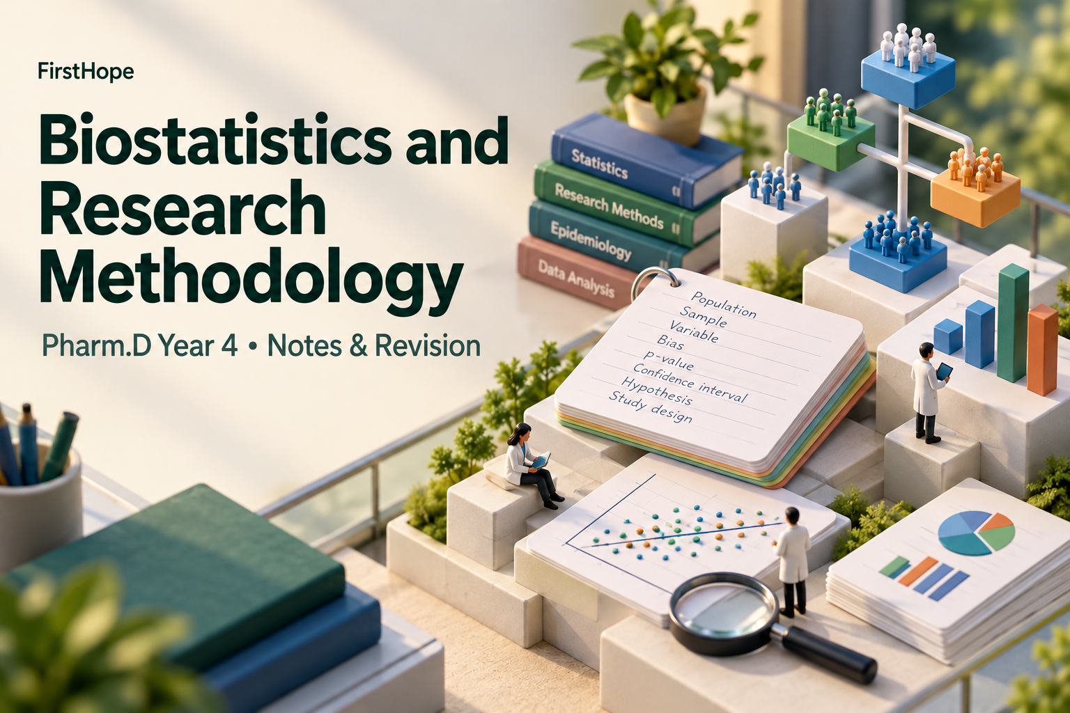isometric miniature cover titled Biostatistics and Research Methodology, with Pharm.D Year 4 Notes & Revision and FirstHope branding.