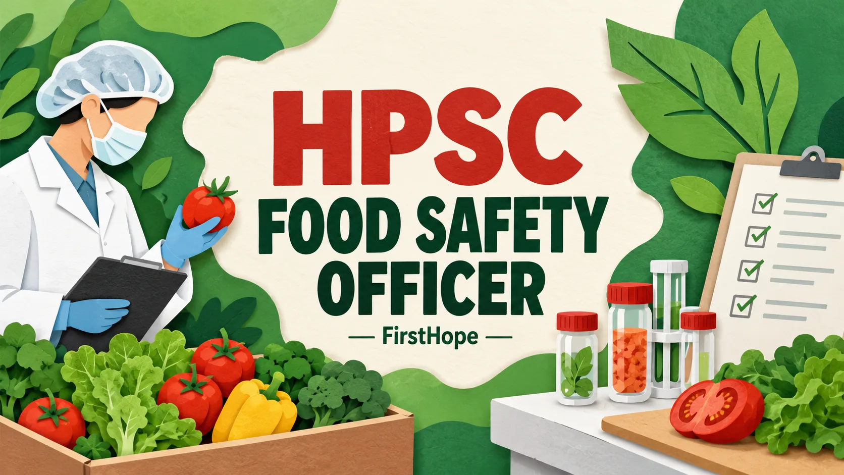Haryana Public Service Commission Food Safety Officer recruitment cover with clear text and a distinct editorial illustration, FirstHope.