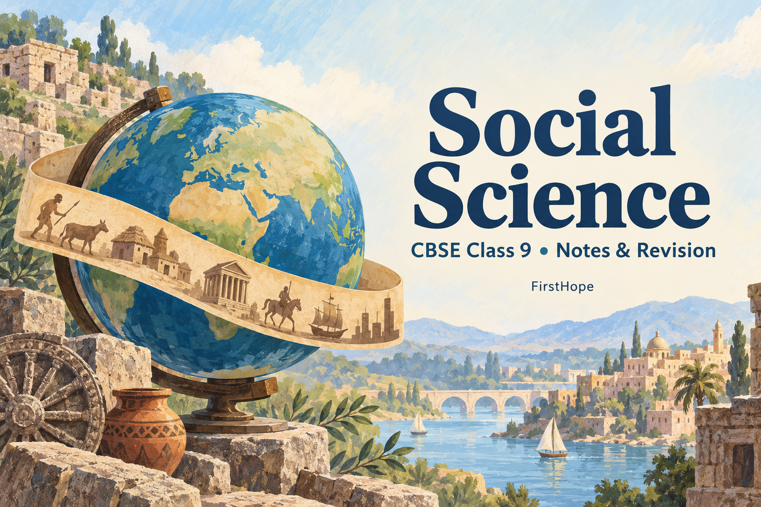 pastel gouache cover titled Social Science, with CBSE Class 9 Notes & Revision and FirstHope branding.
