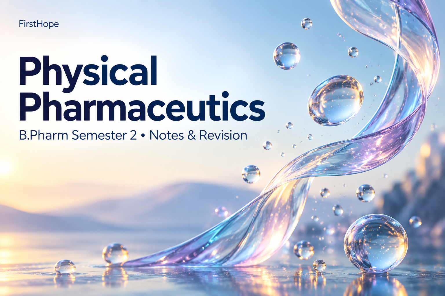 glass and light cover titled Physical Pharmaceutics, with B.Pharm Semester 2 Notes & Revision and FirstHope branding.