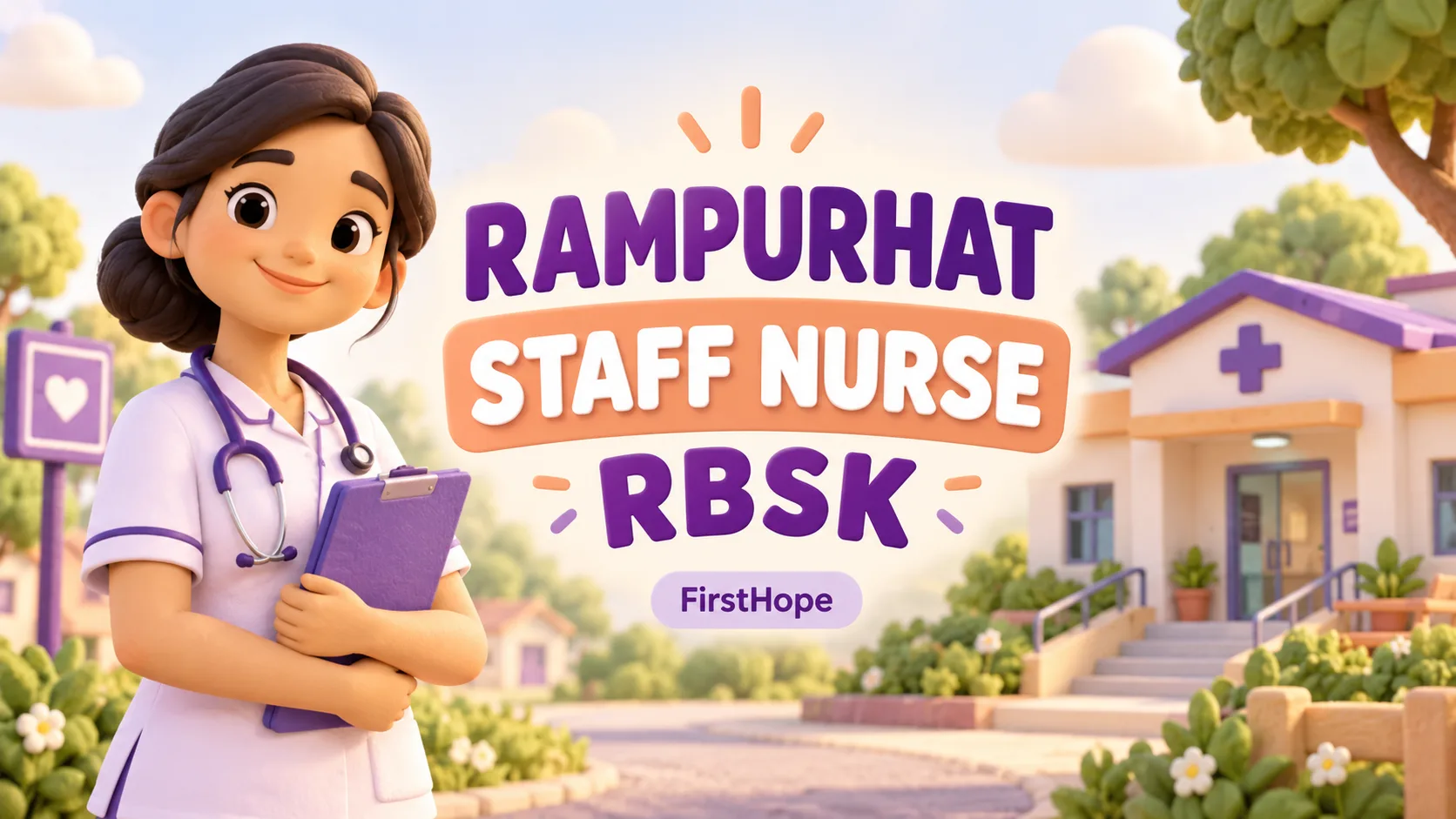 Rampurhat Health District Staff Nurse — RBSK recruitment cover with clear text and a distinct editorial illustration, FirstHope.