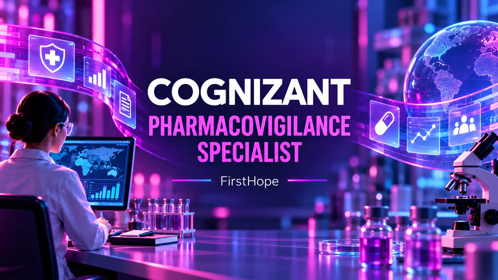Cognizant SPE–Pharmacovigilance recruitment cover with clear text and a distinct editorial illustration, FirstHope.