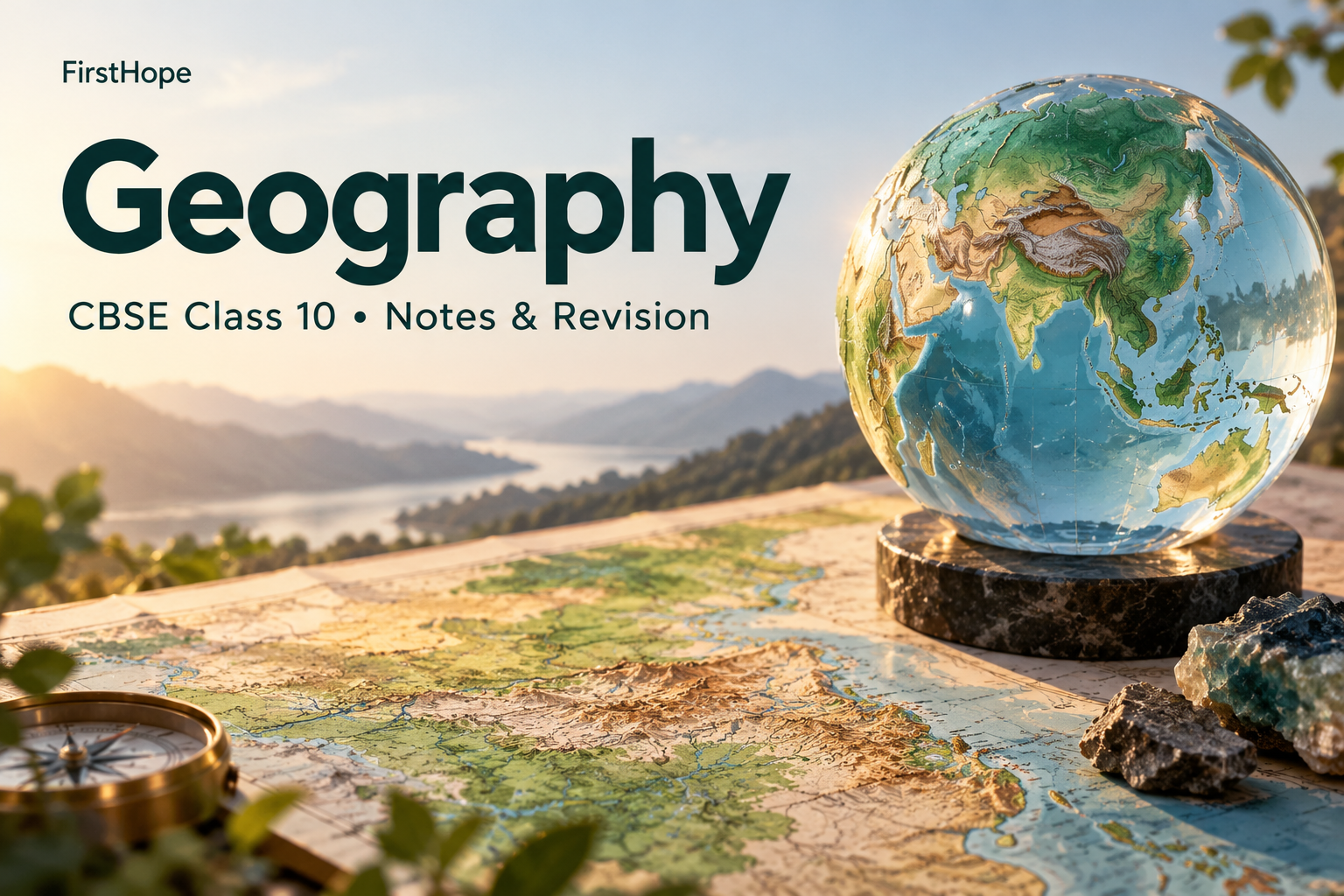 glass and light cover titled Geography, with CBSE Class 10 Notes & Revision and FirstHope branding.