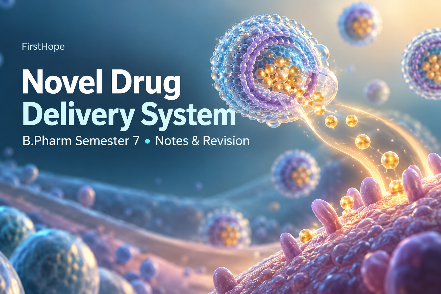 glass and light cover titled Novel Drug Delivery System, with B.Pharm Semester 7 Notes & Revision and FirstHope branding.