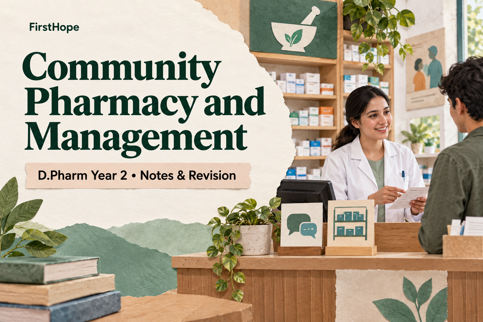 editorial collage cover titled Community Pharmacy and Management, with D.Pharm Year 2 Notes & Revision and FirstHope branding.