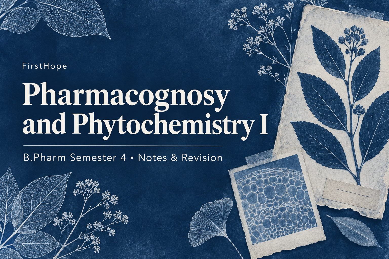 botanical cyanotype cover titled Pharmacognosy and Phytochemistry I, with B.Pharm Semester 4 Notes & Revision and FirstHope branding.
