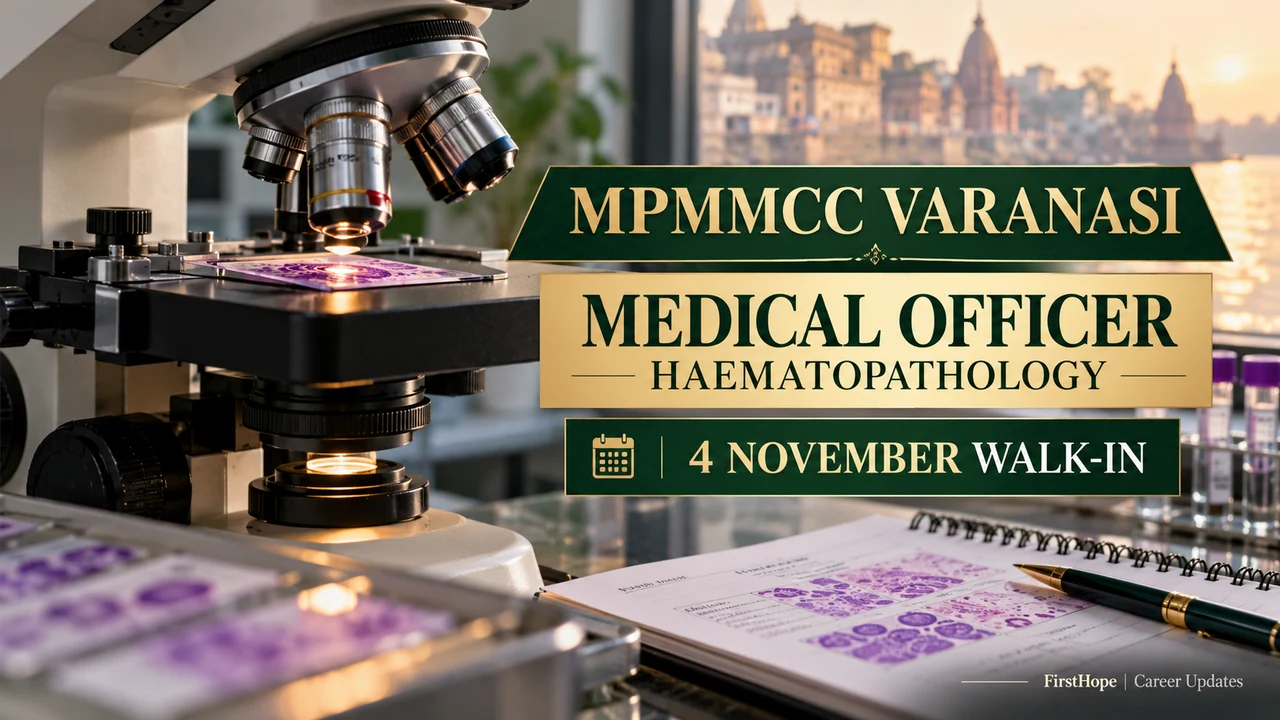 MPMMCC Varanasi Haematopathology Medical Officer cover showing a microscope and 4 November walk-in.