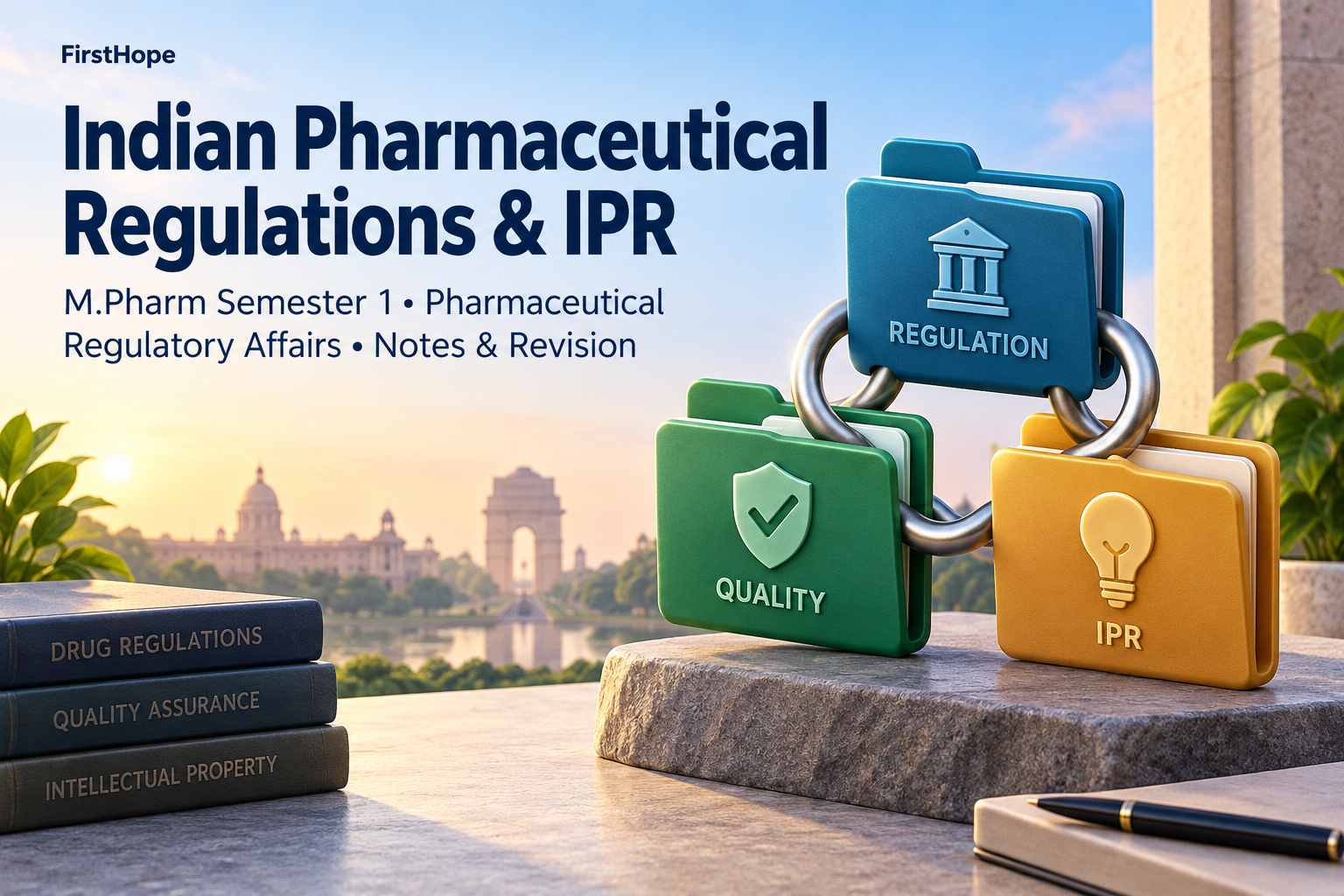 vivid 3D abstract cover titled Indian Pharmaceutical Regulations & IPR, with M.Pharm Semester 1 · Pharmaceutical Regulatory Affairs Notes & Revision and FirstHope branding.