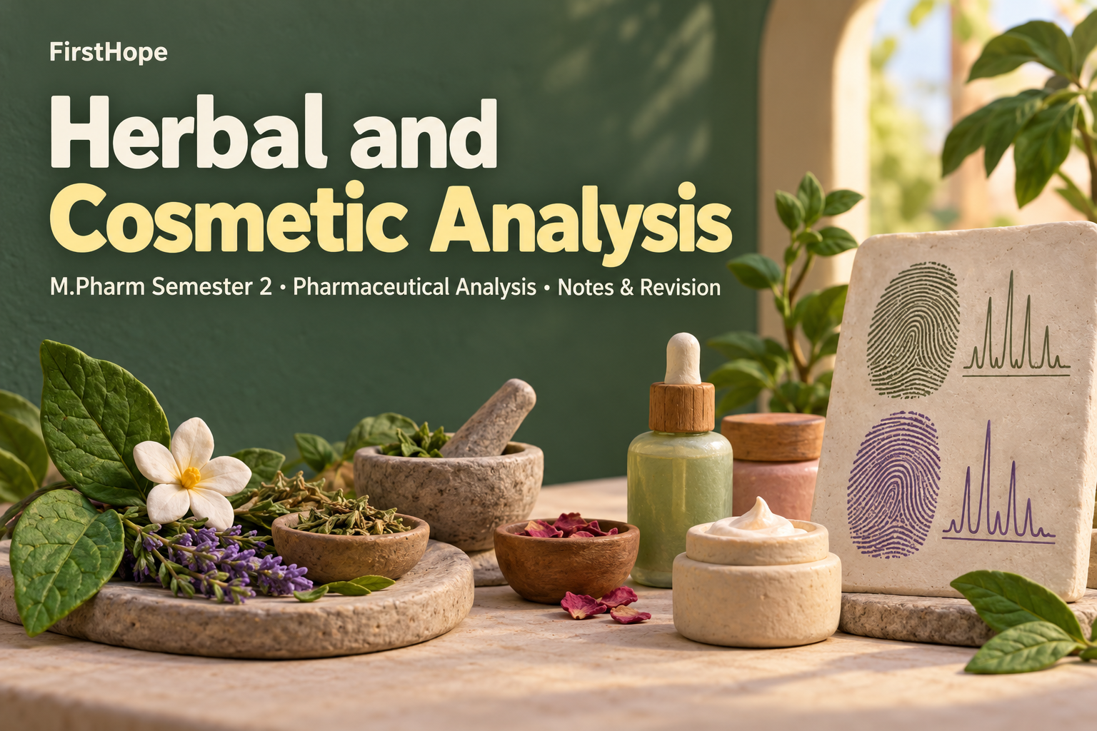 clay sculpture cover titled Herbal and Cosmetic Analysis, with M.Pharm Semester 2 · Pharmaceutical Analysis Notes & Revision and FirstHope branding.