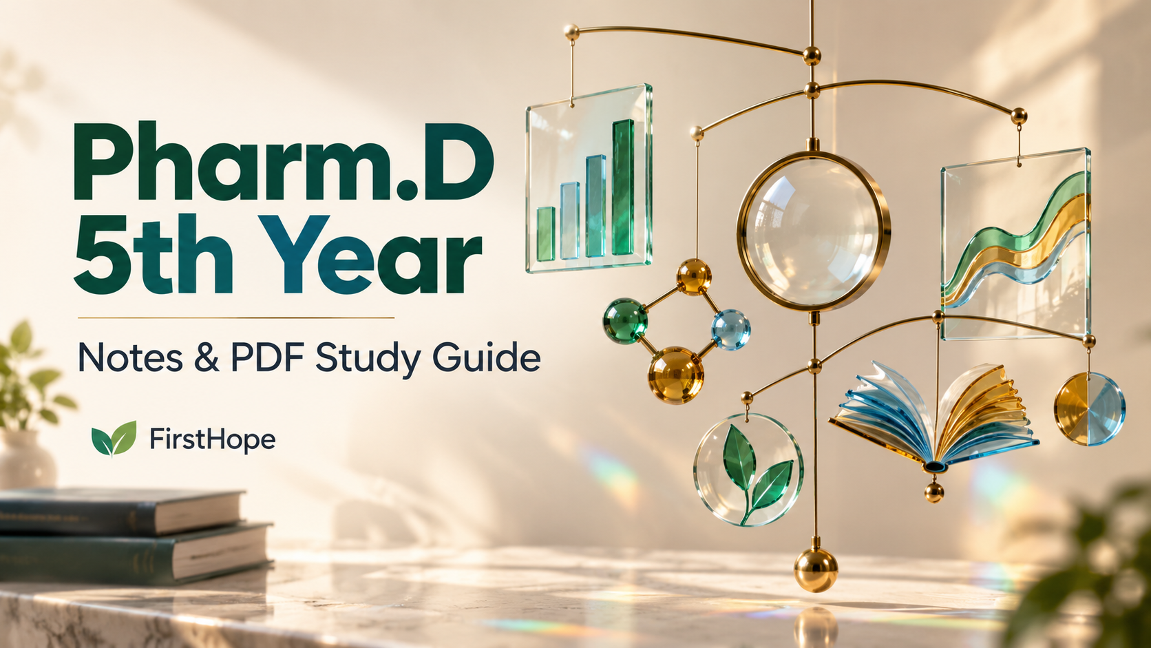 Glass and brass research mobile cover titled Pharm.D 5th Year, with Notes & PDF Study Guide and FirstHope branding.