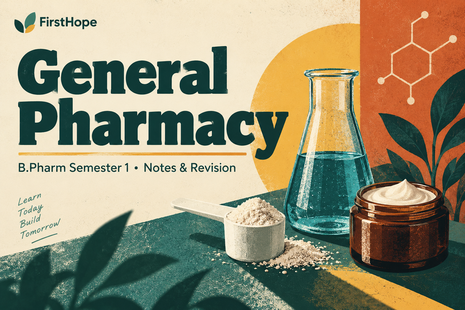 retro science print cover titled General Pharmacy, with B.Pharm Semester 1 Notes & Revision and FirstHope branding.