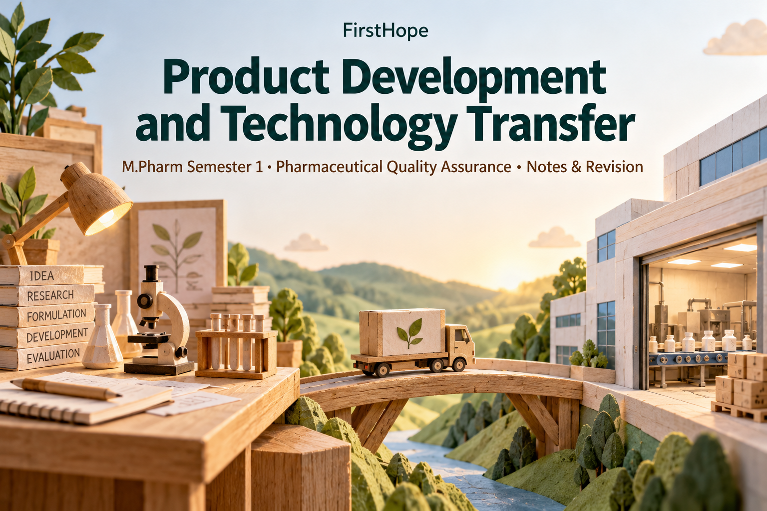 wood and woven paper cover titled Product Development and Technology Transfer, with M.Pharm Semester 1 · Pharmaceutical Quality Assurance Notes & Revision and FirstHope branding.