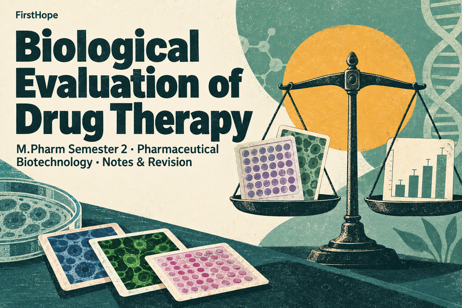 retro science print cover titled Biological Evaluation of Drug Therapy, with M.Pharm Semester 2 · Pharmaceutical Biotechnology Notes & Revision and FirstHope branding.