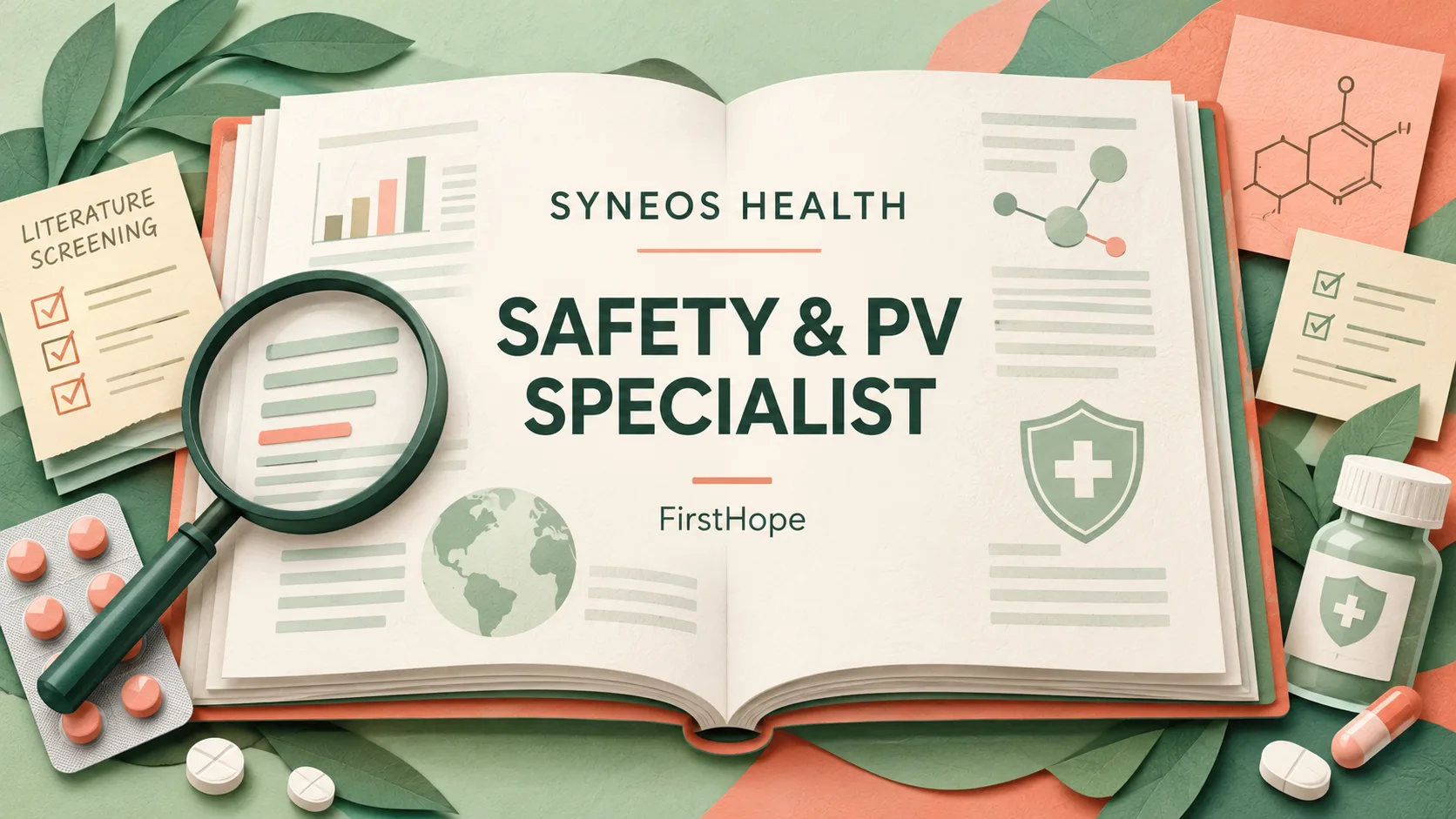 Syneos Health Safety & PV Specialist II — Literature Case Processing recruitment cover with clear text and a distinct editorial illustration, FirstHope.