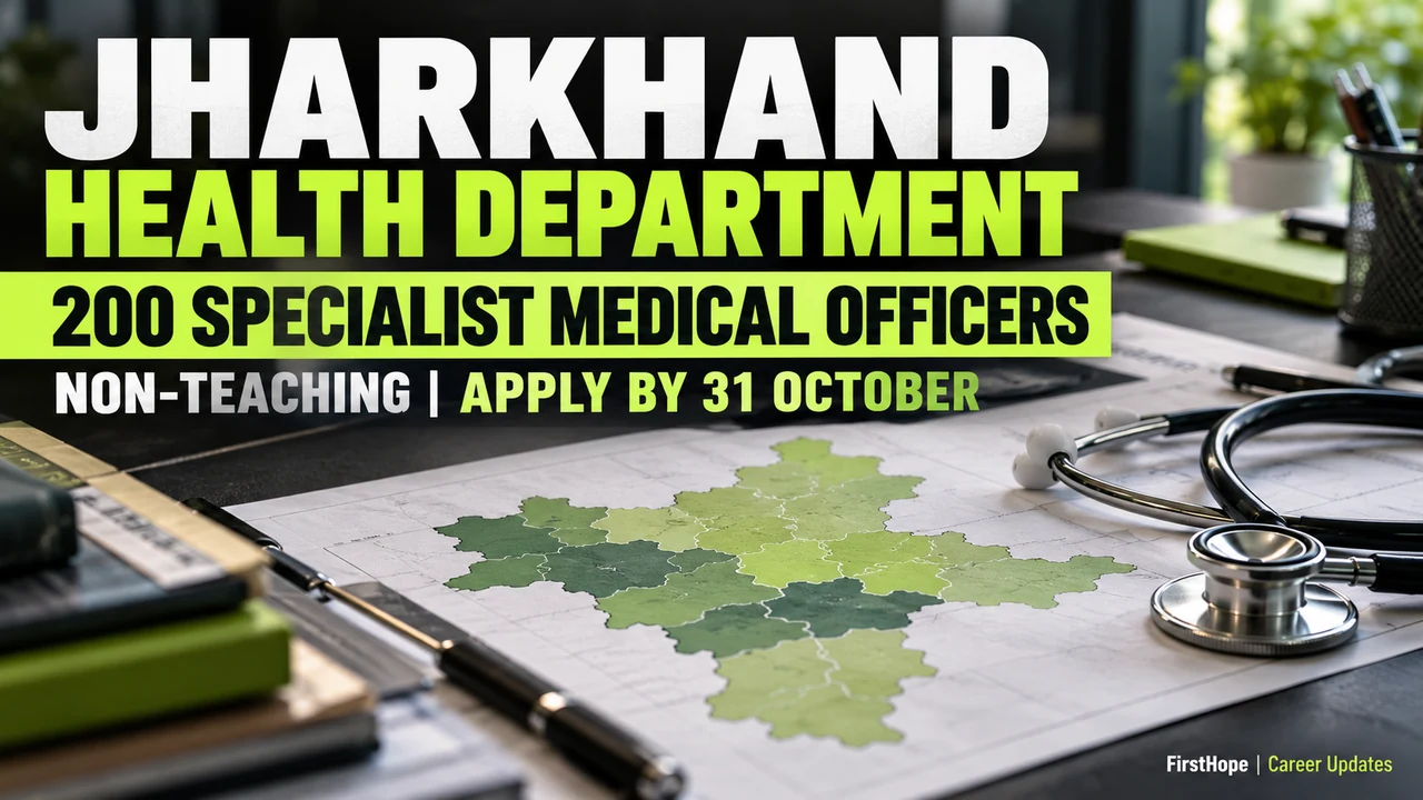 Jharkhand Health Department cover with medical documents and text announcing 200 non-teaching specialist posts.