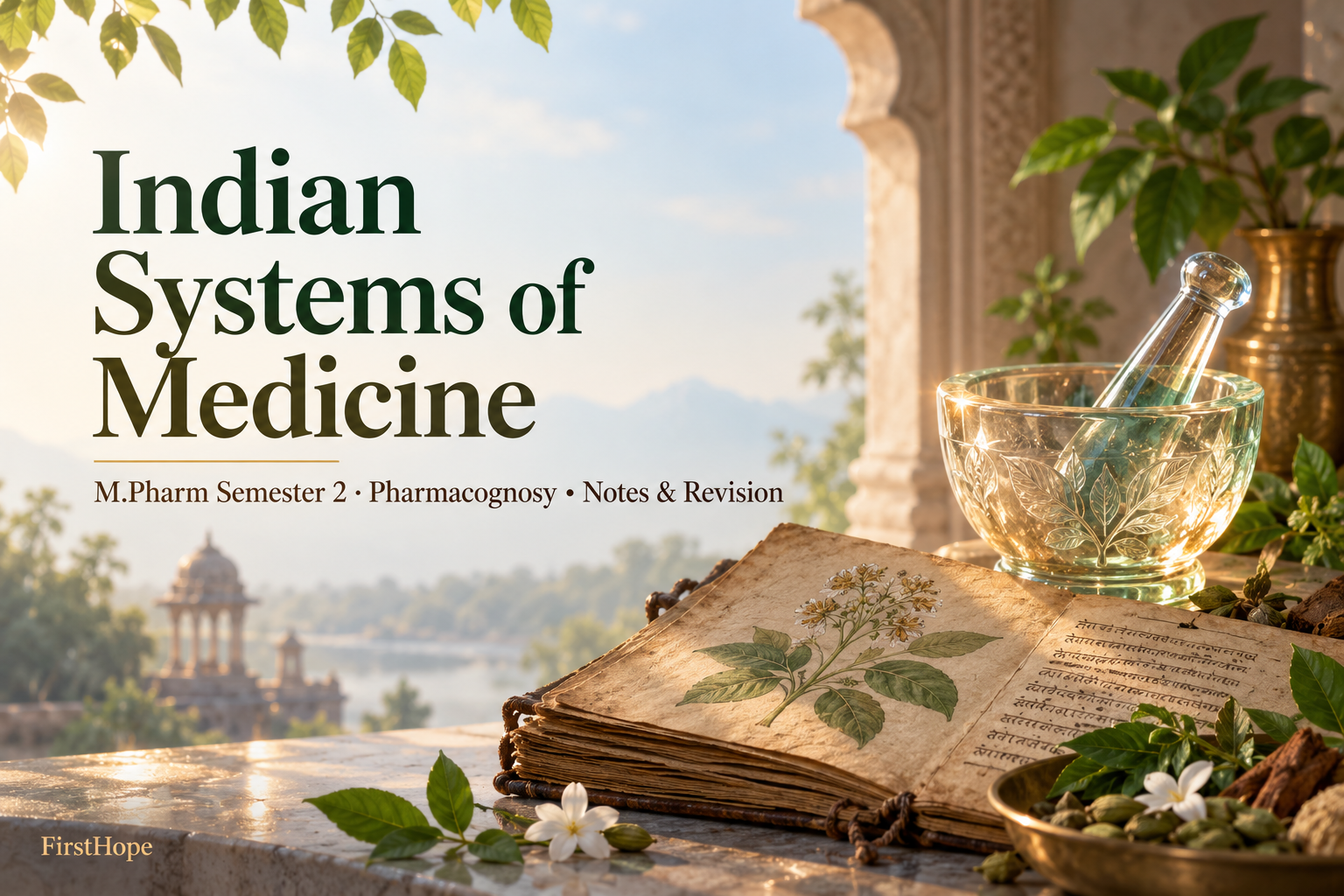 glass and light cover titled Indian Systems of Medicine, with M.Pharm Semester 2 · Pharmacognosy Notes & Revision and FirstHope branding.