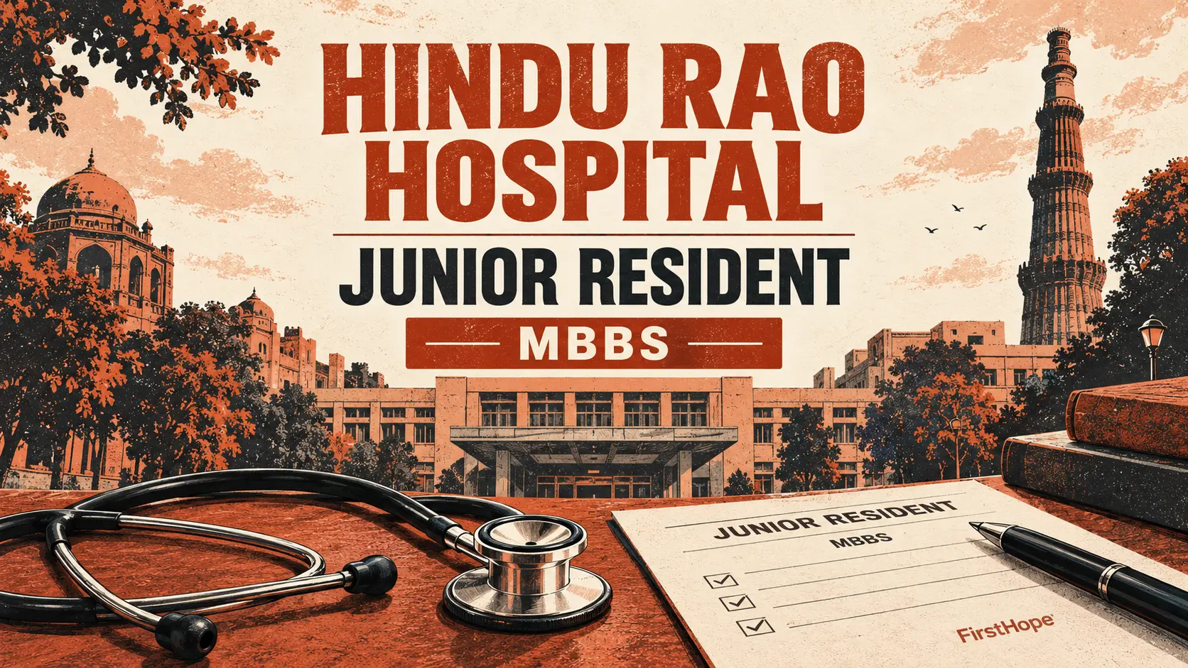 Hindu Rao Hospital, Delhi Junior Resident (MBBS) recruitment cover with clear text and a distinct editorial illustration, FirstHope.
