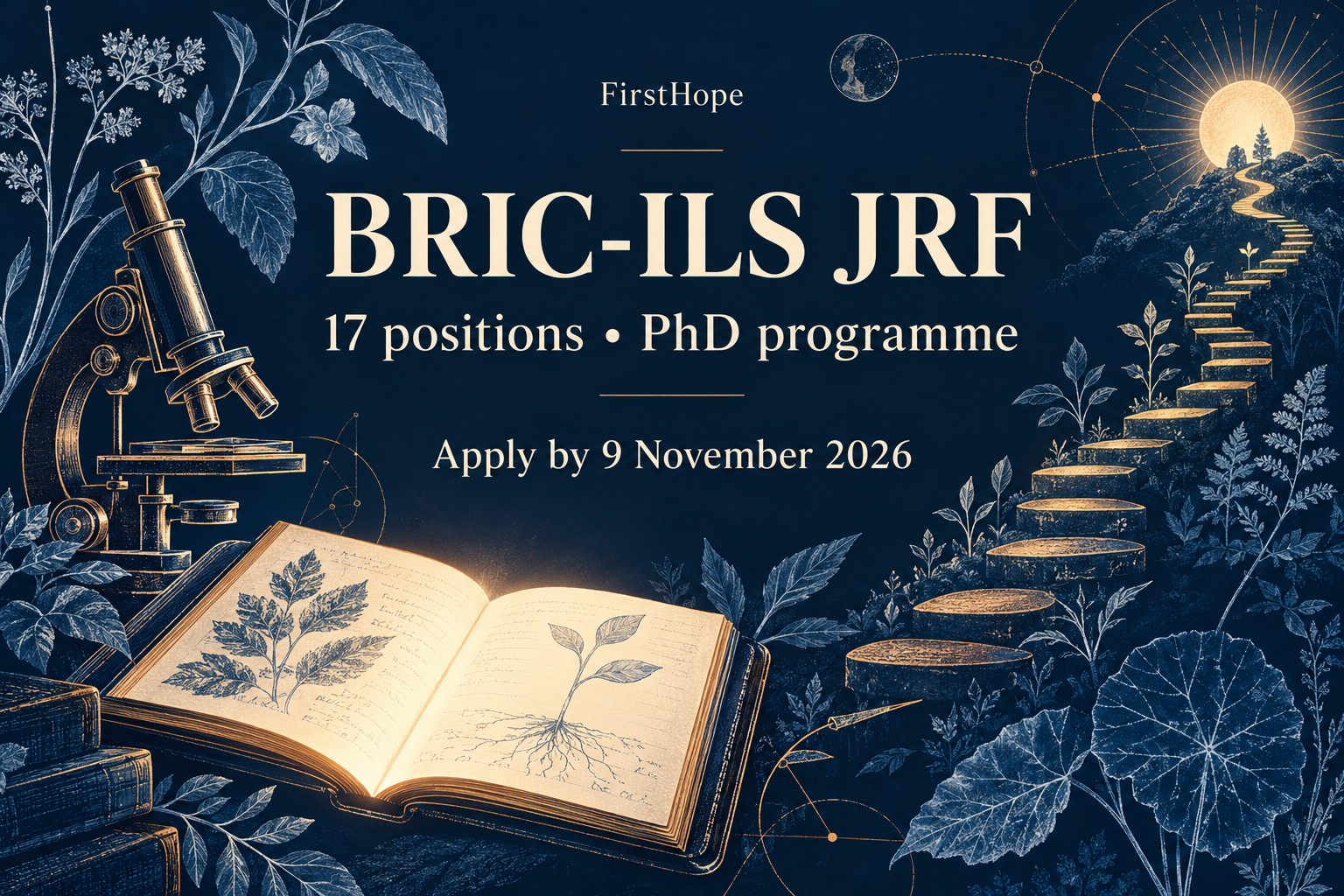 Navy botanical and copper illustration reading BRIC-ILS JRF, 17 positions, PhD programme and Apply by 9 November 2026.