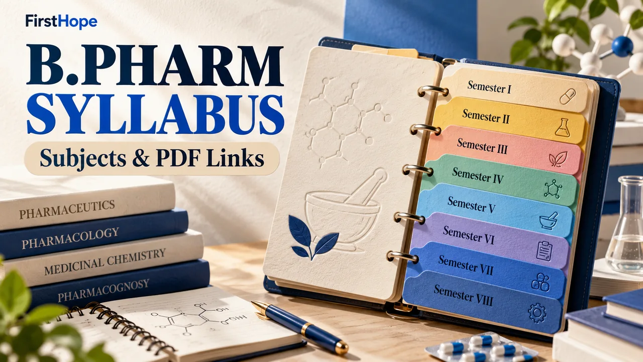 B.Pharm syllabus and Subjects and PDF Links text beside a planner with eight semester dividers.