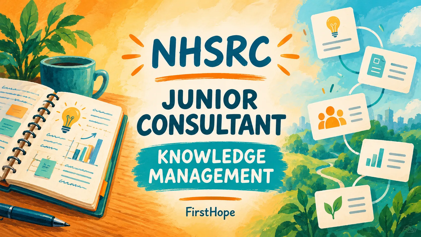 NHSRC, New Delhi Junior Consultant — Knowledge Management recruitment cover with clear text and a distinct editorial illustration, FirstHope.