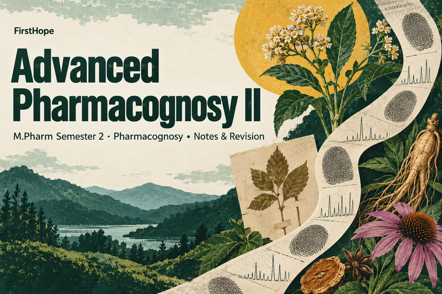 retro science print cover titled Advanced Pharmacognosy II, with M.Pharm Semester 2 · Pharmacognosy Notes & Revision and FirstHope branding.